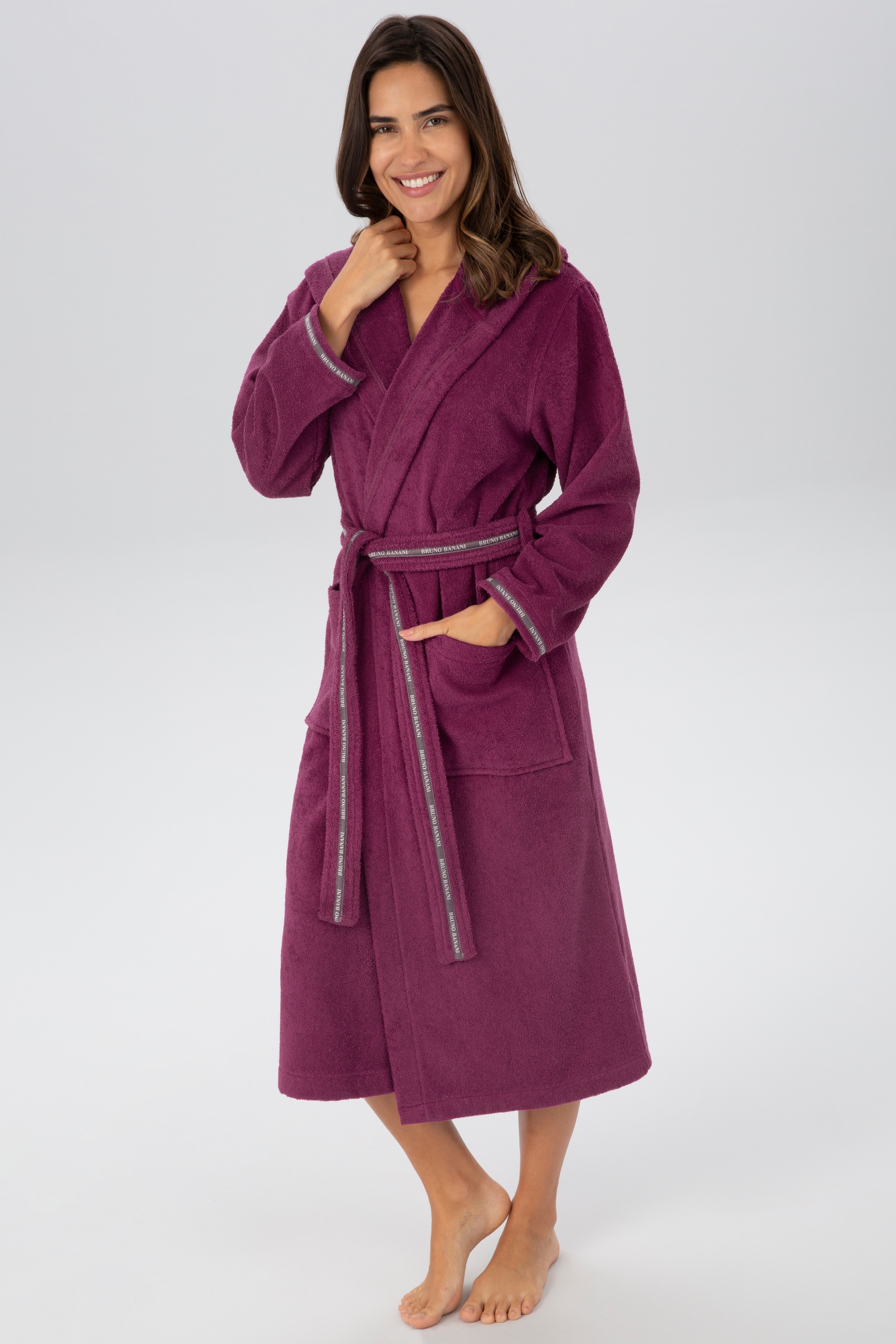 Image of Bruno Banani Damenbademantel "Danny, ideal für Sauna & Spa, Hotelbademantel, Morgenmantel" 1 Stk. mit Logostreifen, aus 100% Baumwolle, XS-3XL