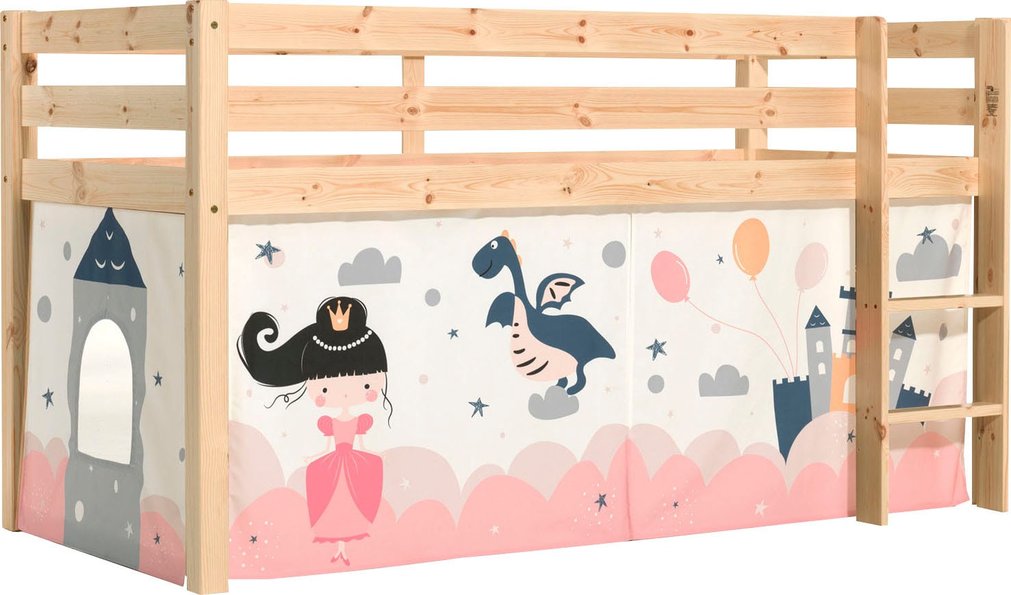 Vipack Lit de jeu »Pino, Kiefer massiv, mit Rolllattenrost u. Textil-Set, Made in Europe« L/H/P env. 210x114x106 cm, avec échelle et protection anti-chute,  différents dessins textiles, 3 couleurs de cadre au choix