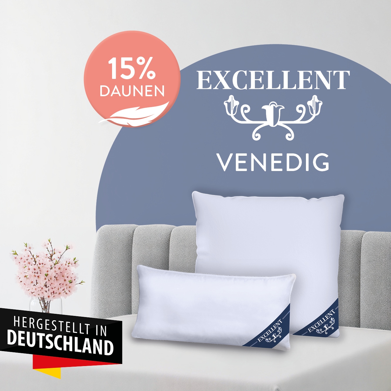 Image of Excellent Kopfkissen "Venedig, Kuschel- oder Kopfkissen 1-tlg. oder 2 -tlg., Daunen & Federn" Füllung: 85% Federn / 15% Daunen 2 Kopfkissen, 1 Stk. tlg. Deko- oder Kopfkissen in vielen Grössen