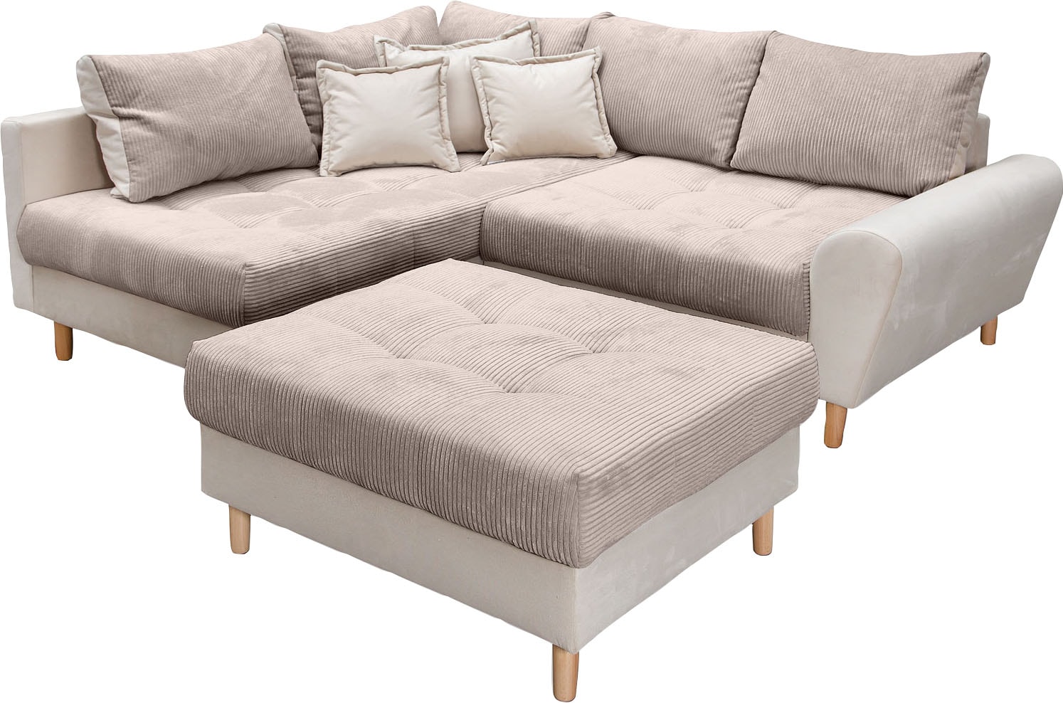 Home affaire Ecksofa »Rice L-Form«, (Set, mit Hocker), mit Bonnellfederkern, Hocker & Kissen, Ottomane beidseitig montierbar