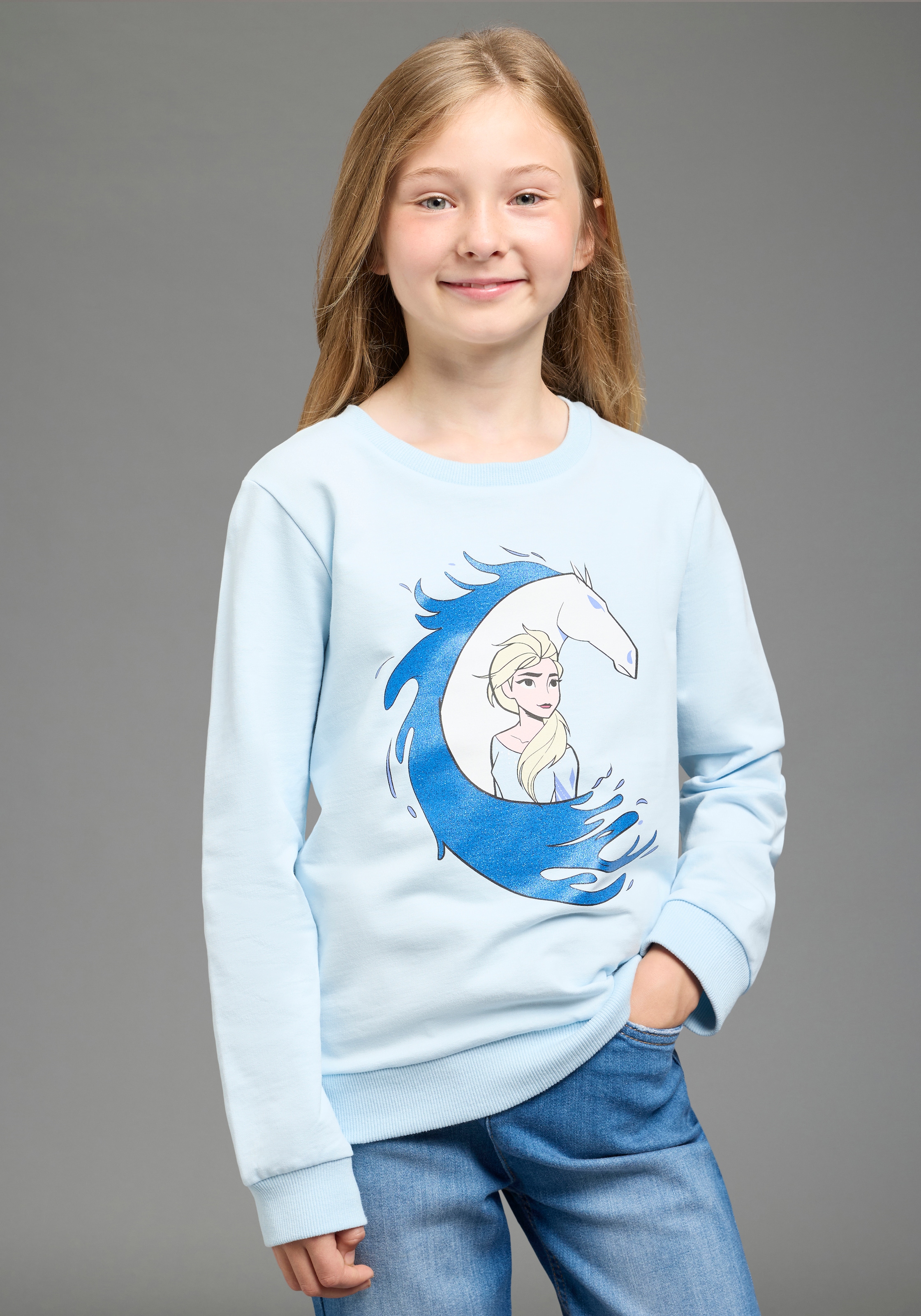 Image of KIDSWORLD Sweatshirt "FROZEN Glitzerdruck Sweatshirt, Disney", Disney-Shirt mit Rundhalsausschnitt, Langarm, hüftlange Basic-Passform