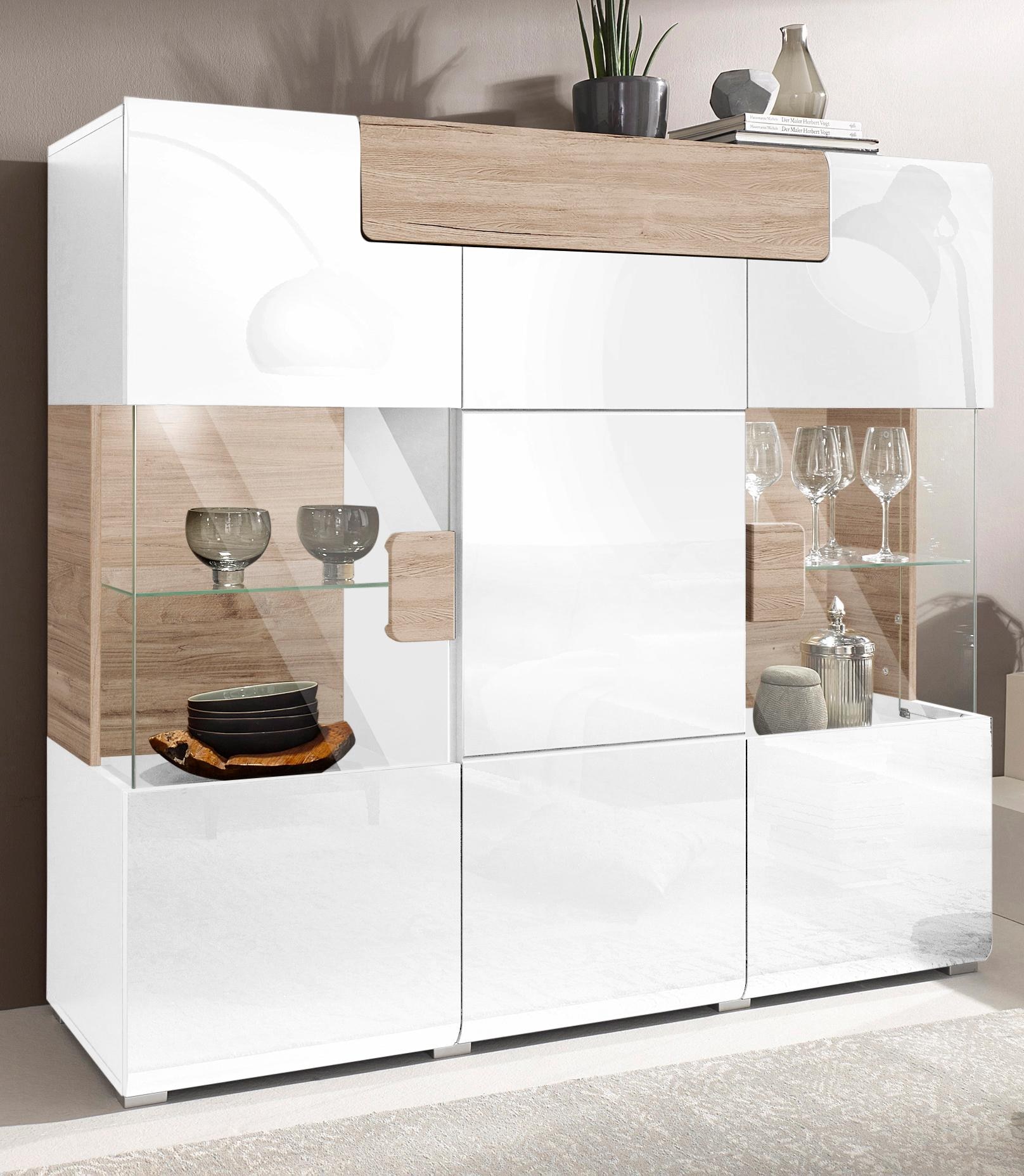 INOSIGN Highboard »Toledo,Breite 147,5cm,trendige Hochkommode mit 3Türen und Schublade«, Hochschrank mit Glas-Partien,stylische Hochglanzfronten