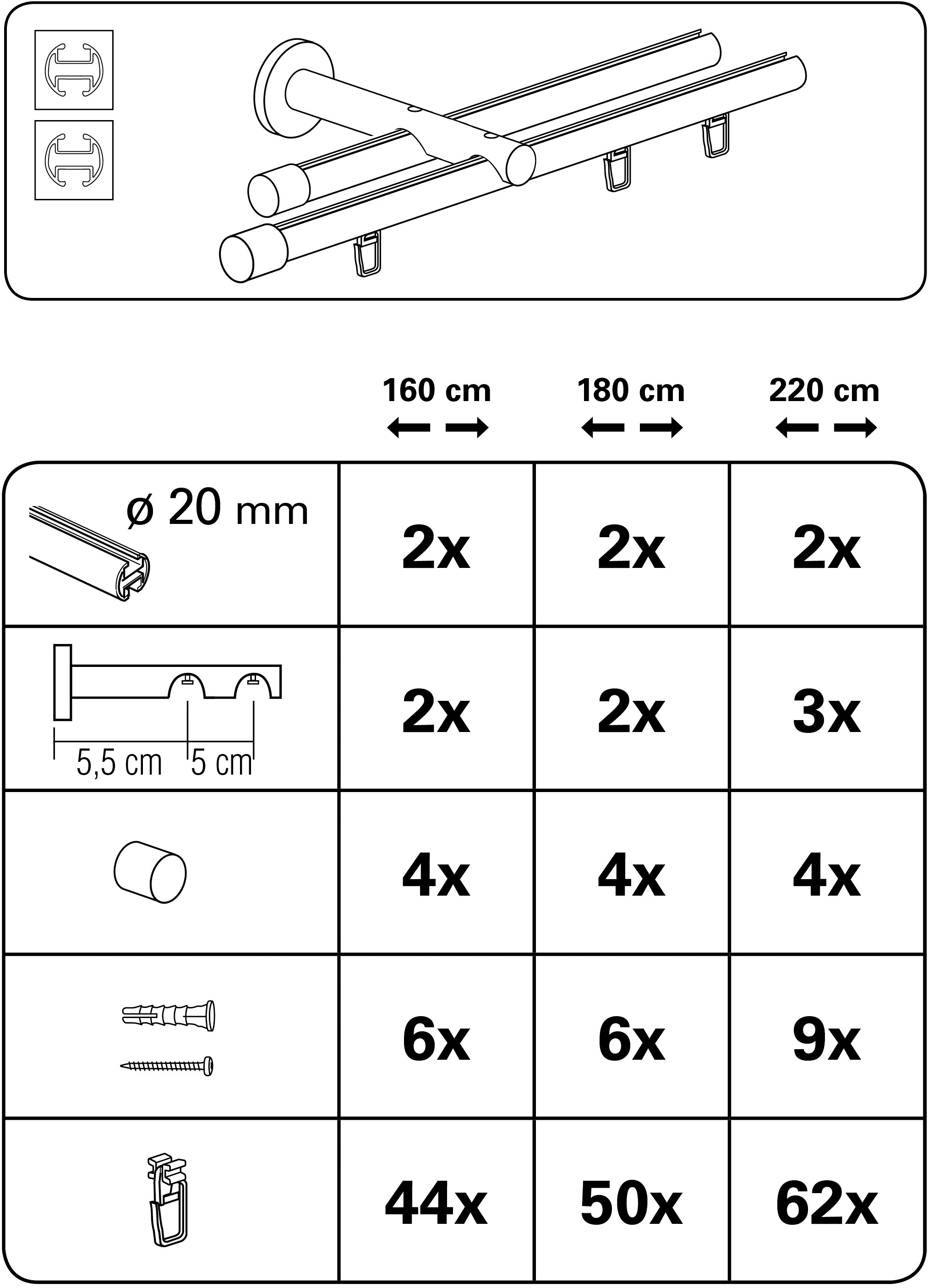 GARDINIA Gardinenstange »Set Isa 2-Lauf mit Innenlauf II Ø 20 mm«, 1 läufig-läufig, Fixmass, 2-Lauf