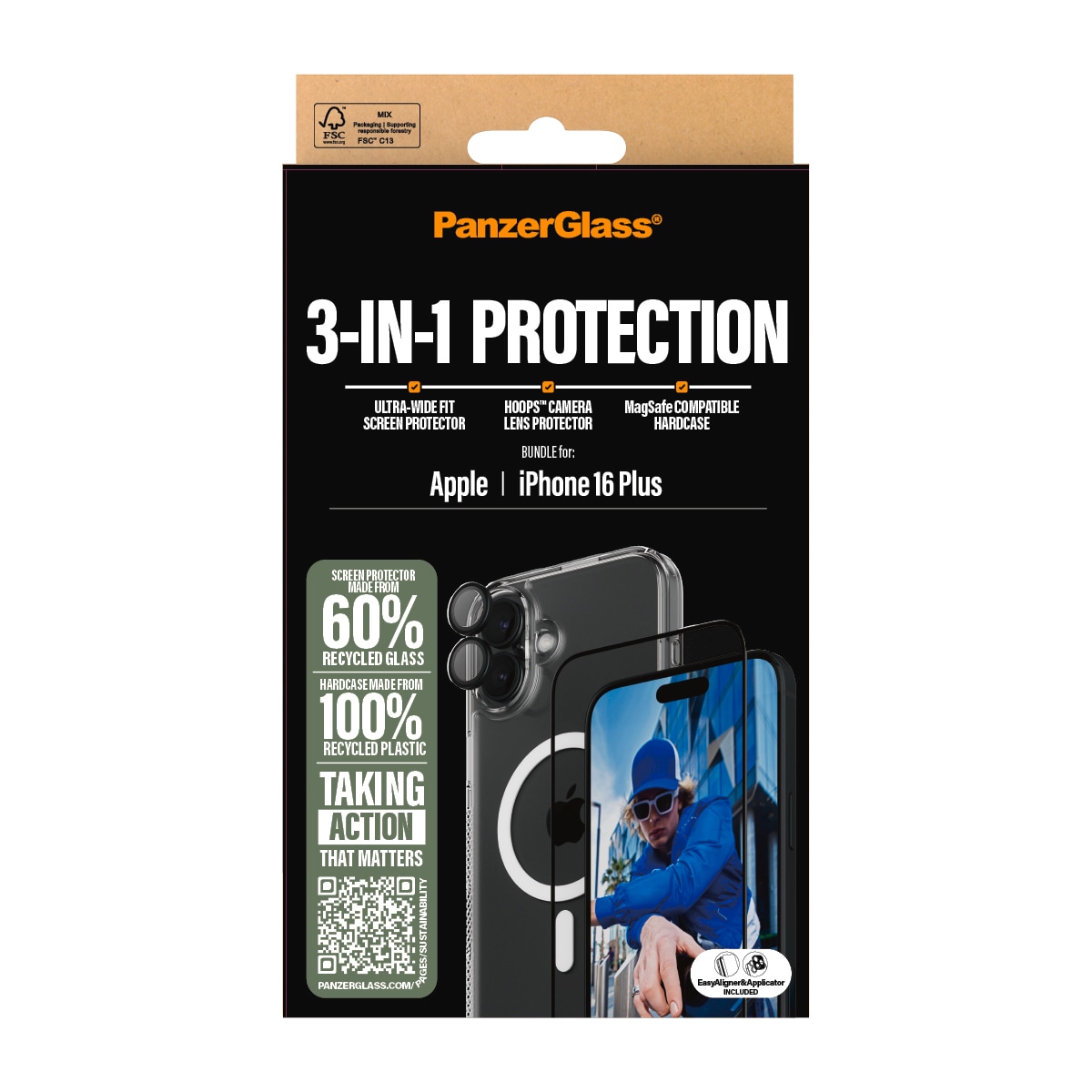 PanzerGlass Displayschutzglas »3-in-1 Protection, Glass, Hoops, Case«, für Apple iPhone 16 Plus, Displayschutzfolie, Schutzfolie, Bildschirmschutz, kratz- & stossfest