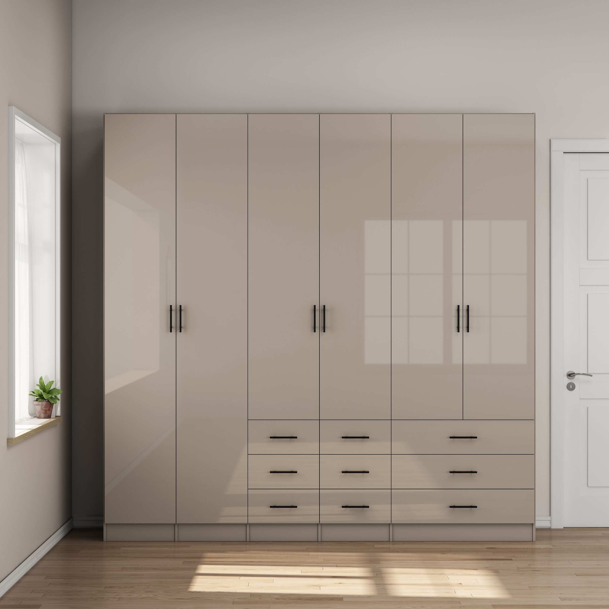 GOODproduct Armoires à vêtements »Trento Schlafzimmerschrank Garderobe hochglanz« in 2 unterschiedlichen Schrankhöhen wählbar,  Schrank mit 6 Türen und 9 Schubladen, Hochglanz-Fronten, 2,39m Höhe