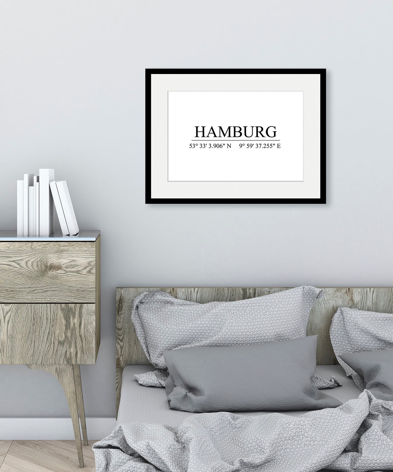 Image of queence Bild "HAMBURG" Deutschland Gebäude Hamburg Schwarz-Weiss Stadt Städte 1 Stk. tlg. HD Premium Poster-Druck inkl. Holzrahmen