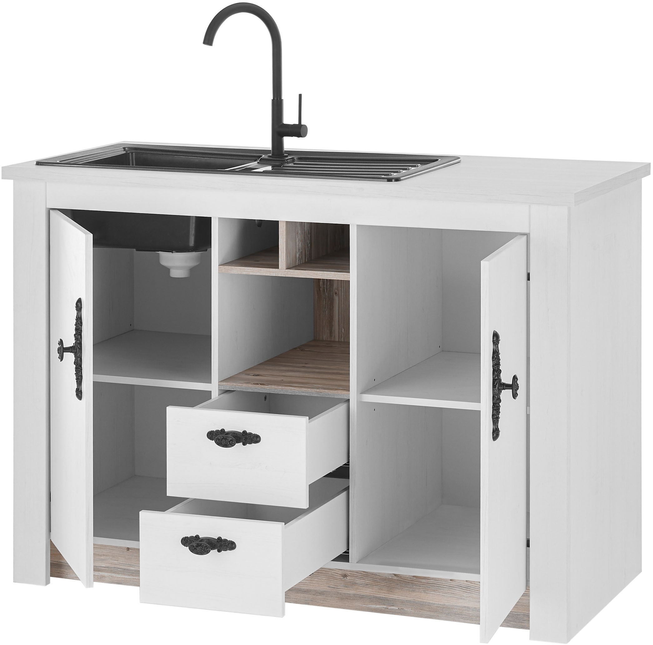Home affaire Spülenschrank »Florenz, Küchenunterschrank in Pinie Weiss, Unterschrank«, mit verschnörkeltem Metallgriff, im Landhausstil, Arbeitshöhe 92 cm