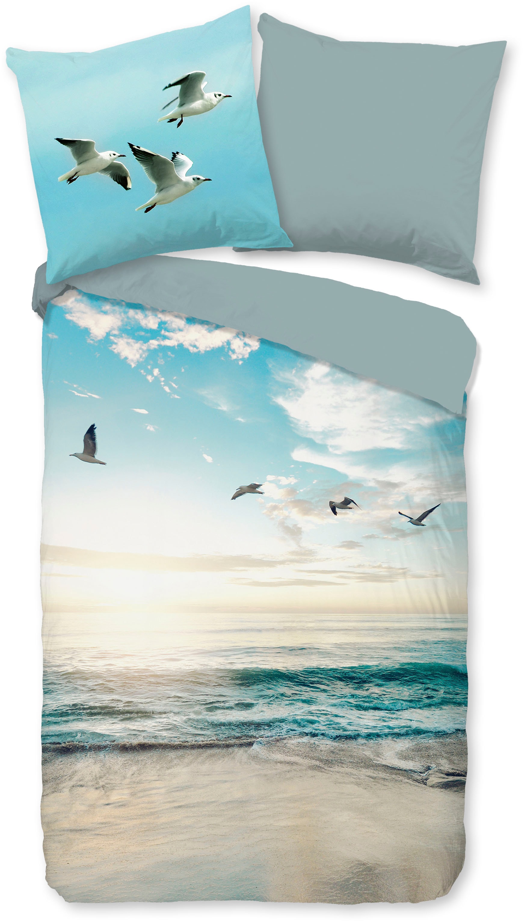 good morning Wendebettwäsche »Brisa«, 100% Baumwolle, Renforcé, Reissverschluss, Wendeoptik, Strand, Aqua