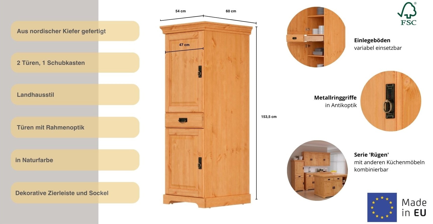 Home affaire Vorratsschrank »Rügen« Breite 47 cm, Kiefer massiv, 2 Türen, 1 Schubkasten