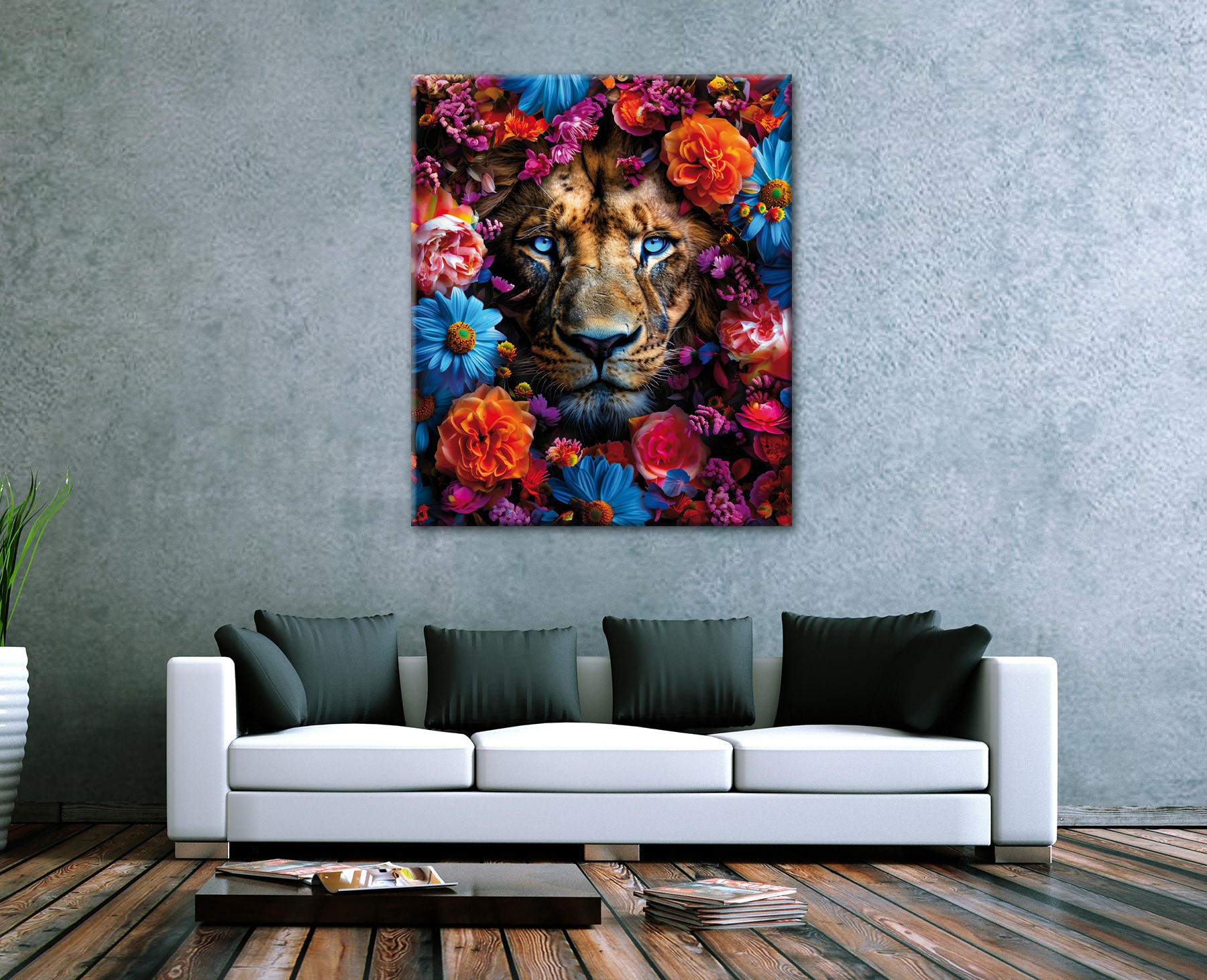 Bönninghoff Leinwandbild »Wandbild LÖWE BLUMENKRANZ XXL 118x140 cm – Leinwandbild Keilrahmen« Blumen | Blumenbilder | Kunst | Löwe | Löwen | Pflanzen | Pflanzenbilder | Raubkatzen | Tiere 1 Stk. tlg. auf Keilrahmen gespannt