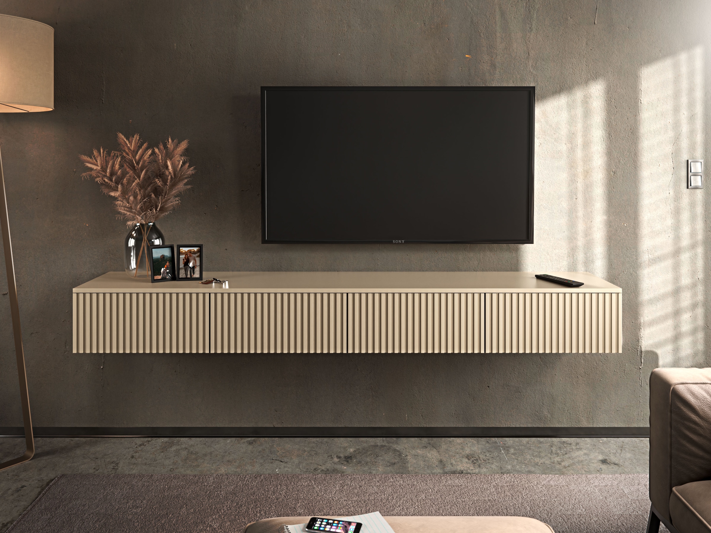 HBZ Table basse »Lowboard Lanai, hängend, mit moderner Rillenoptik« 1 cuis tlg. Largeur 200cm, revêtement mélaminé, ouverture par pression