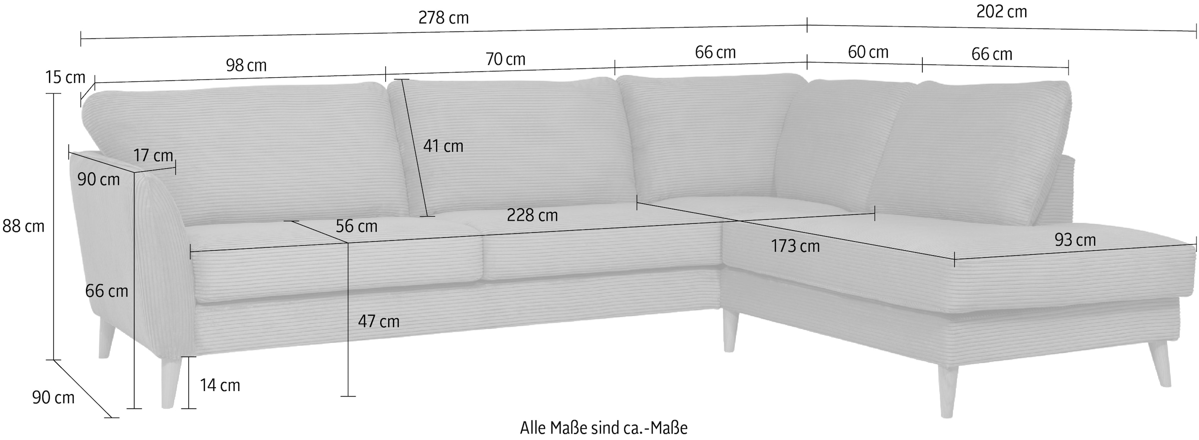 Home affaire Ecksofa »MARSEILLE 278/202 cm, L-Form, Ottom. rechts/links, verschiedene Bezüge«, Massivholzbeine Eiche, Landhausstil, Wellenunterfederung
