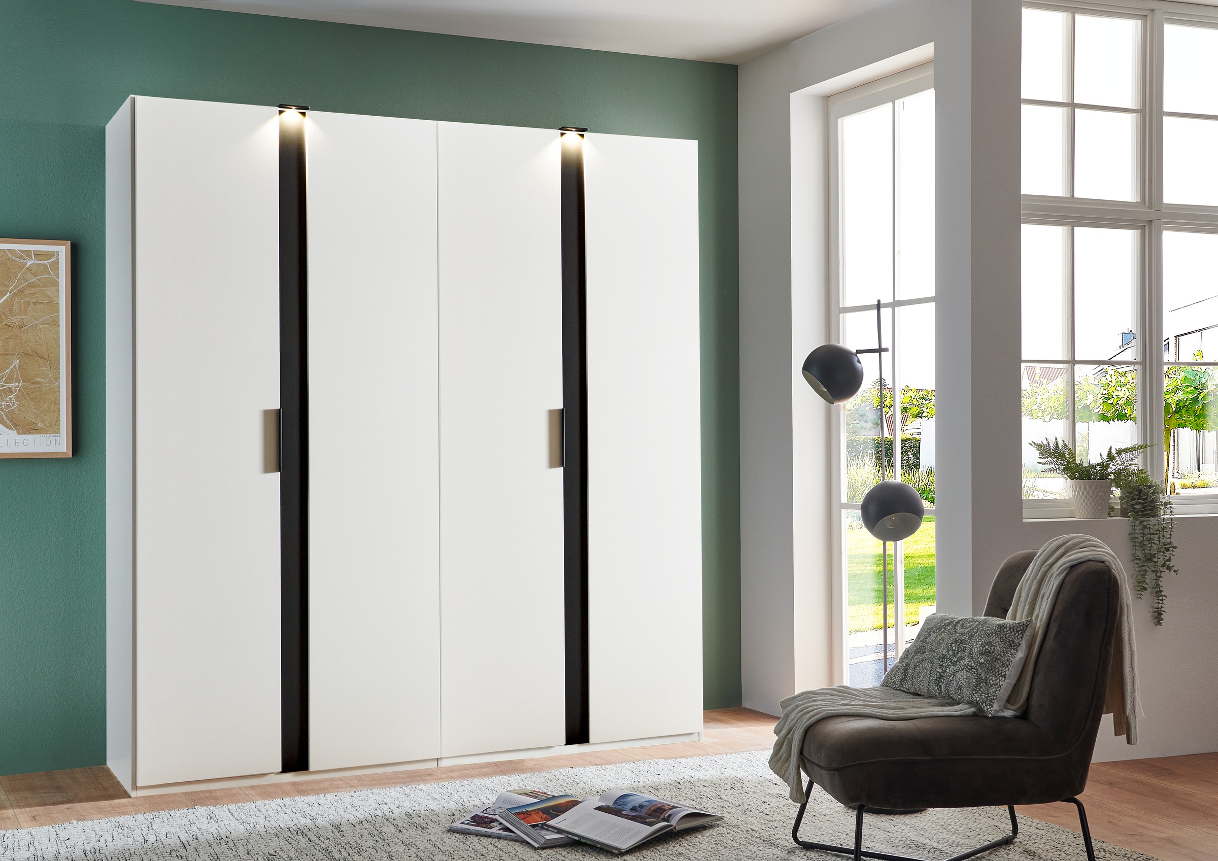 Wimex Drehtürenschrank »Rimini by fresh to go, weiss oder graphit mit schwarzen Metallgriffen«, inklusive LED Beleuchtung, 3 Breiten: 200, 250 oder 300cm, 216cm hoch