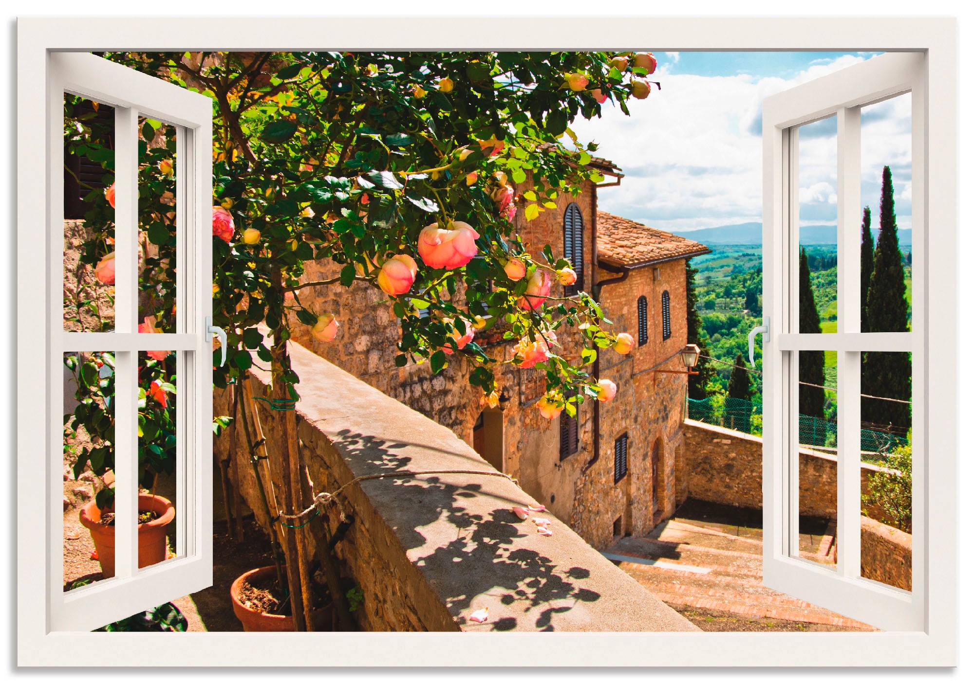 Image of Artland Wandbild "Fensterblick Rosen auf Balkon Toskana" Garten 1 Stk. tlg. als Alubild, Leinwandbild, Poster in verschied. Grössen