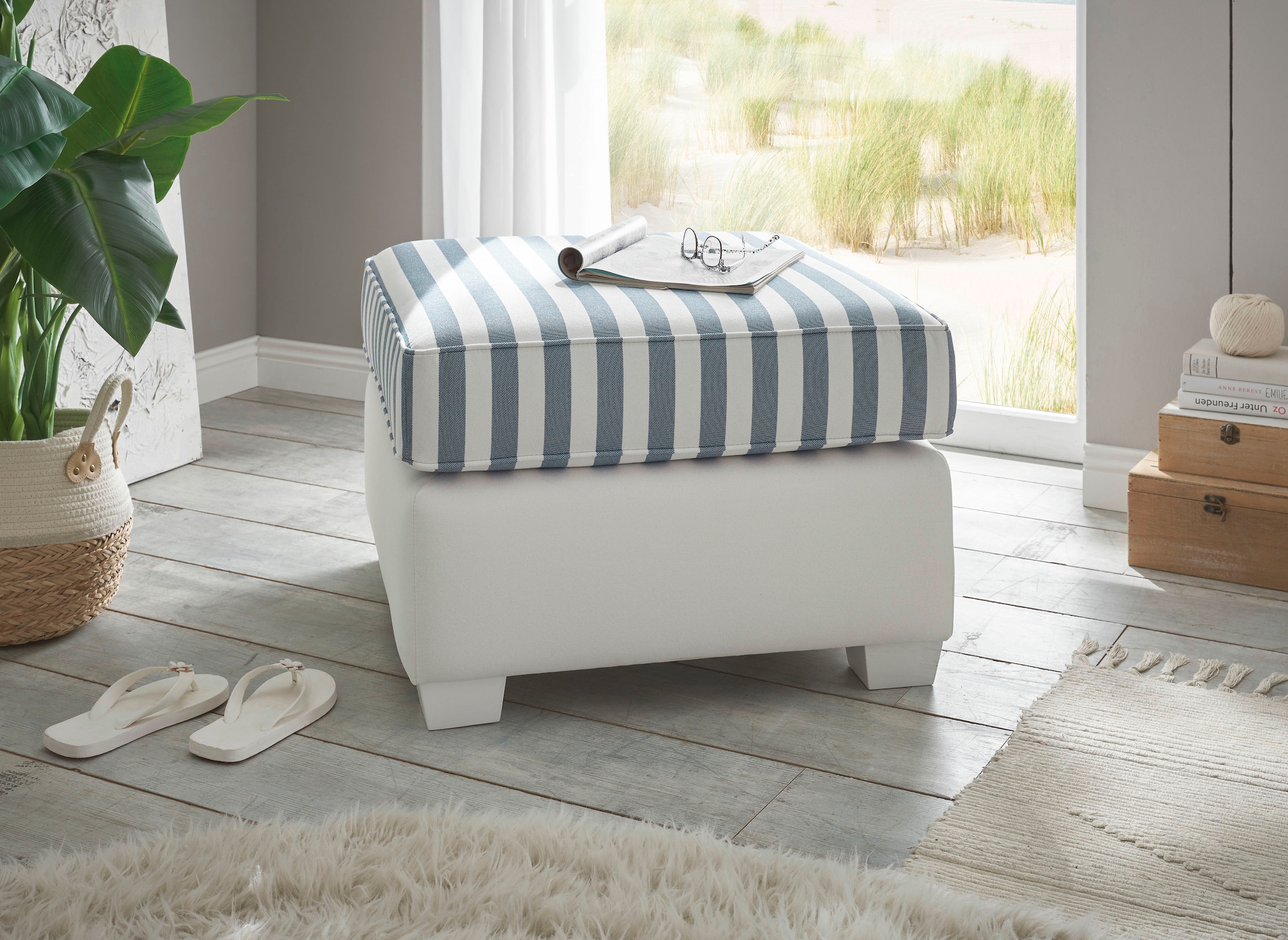 Home affaire Hocker »CALIFORNIA«, maritimer Landhausstil, Hocker in 2 Grössen, Holzfüsse Weiss lackiert