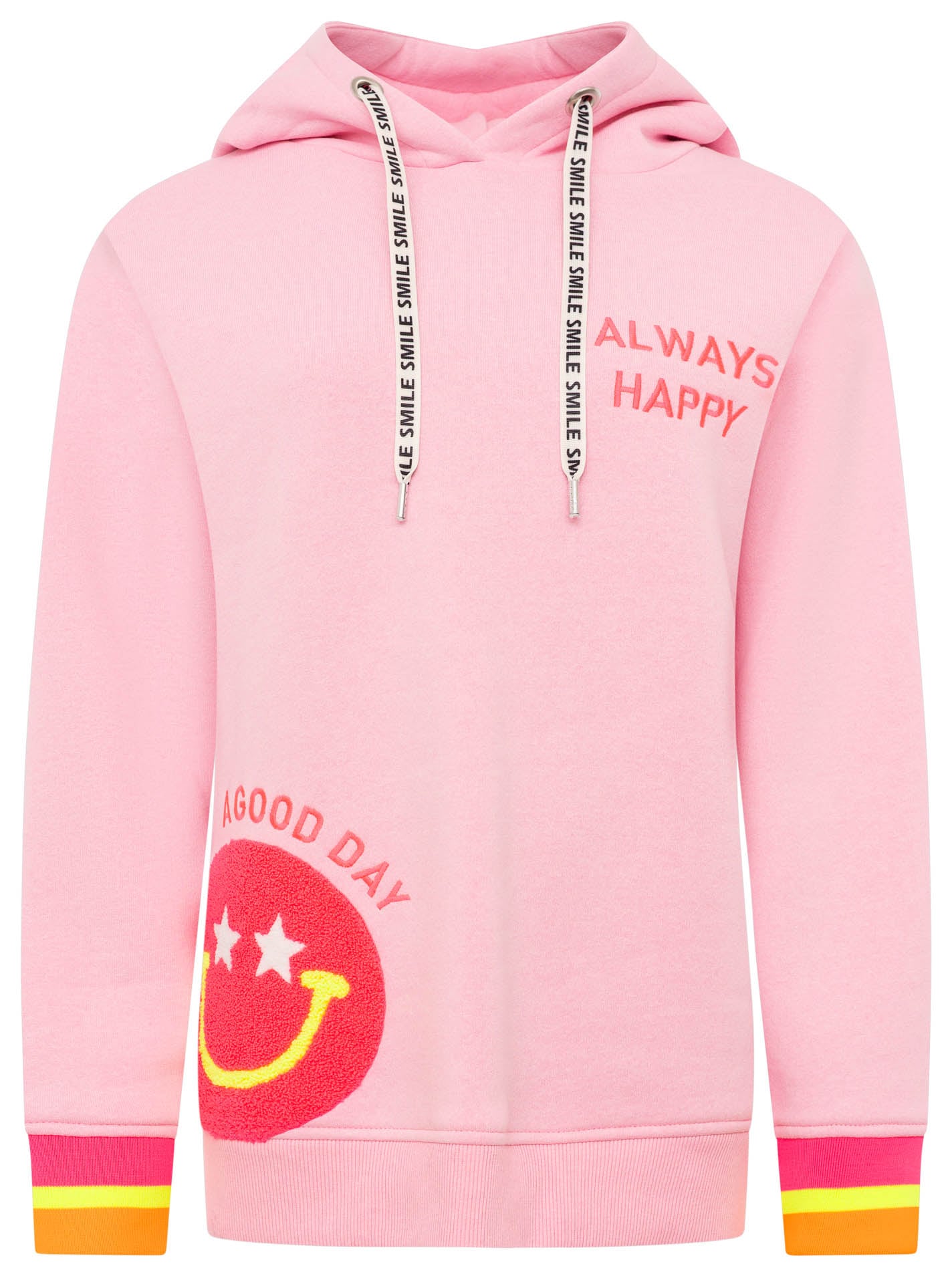 Zwillingsherz Hoodie »Always Happy«, Smiley aus Frottee, Neon-Details, Kapuze, Langarm

