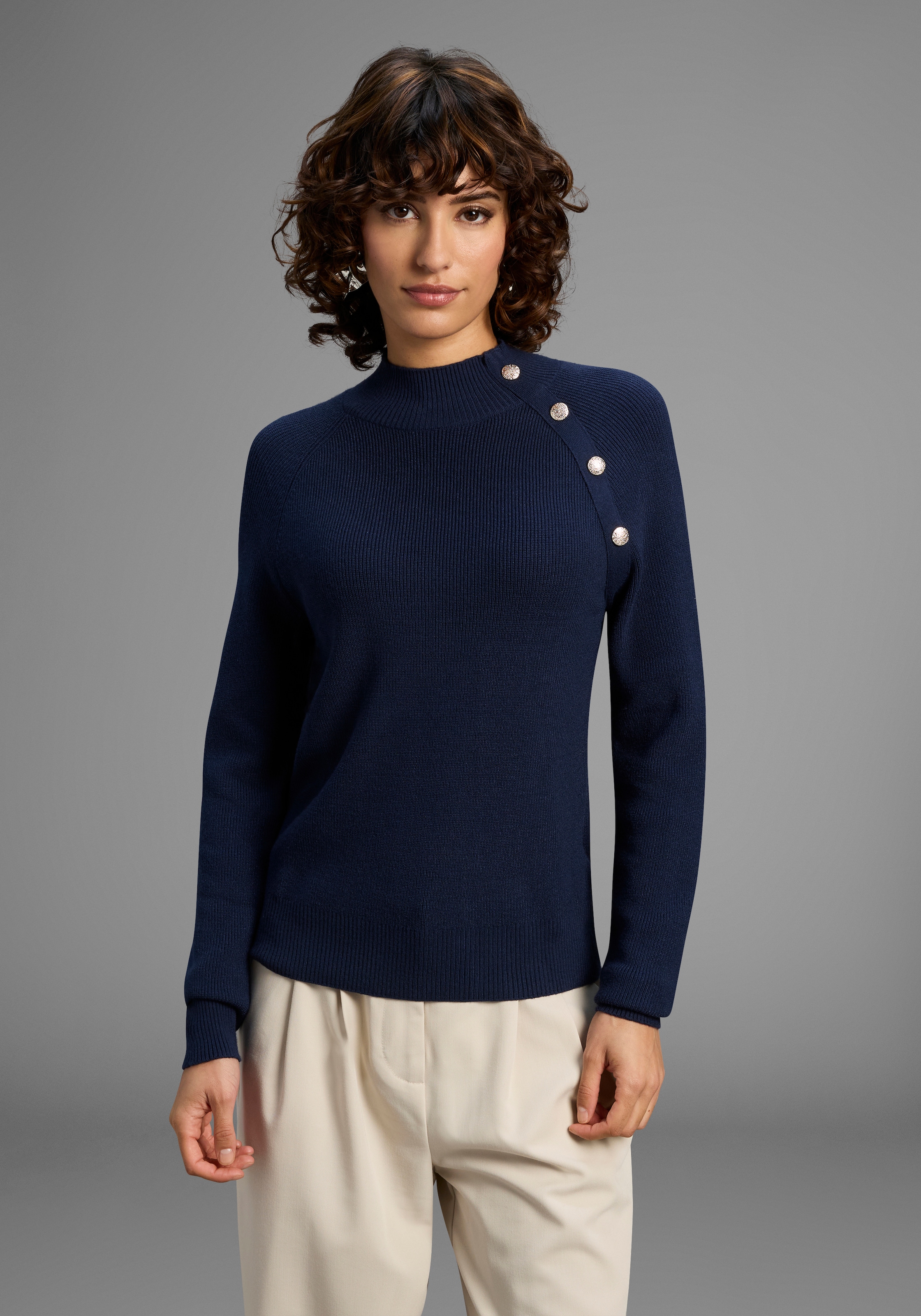 Laura Scott Pull en tricot kuscheliger Winterstrick mit Knopfdetail und Stehkragen