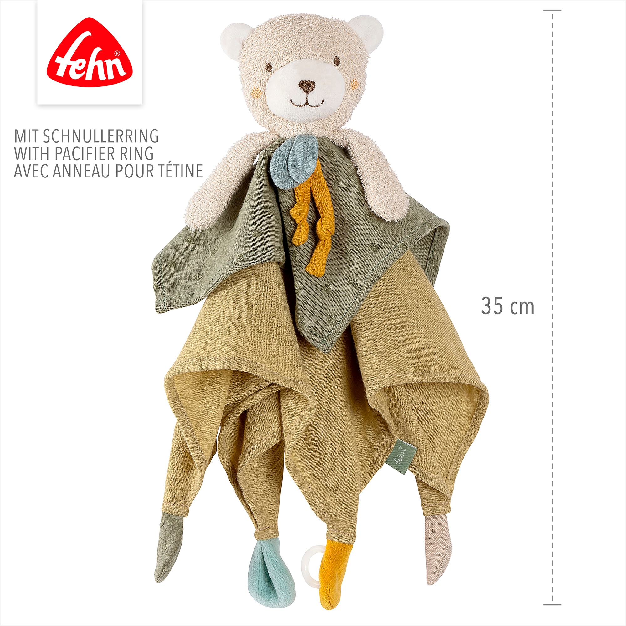 Fehn Doudou »Schmusetuch Bär« avec anneau de fixation pour sucette