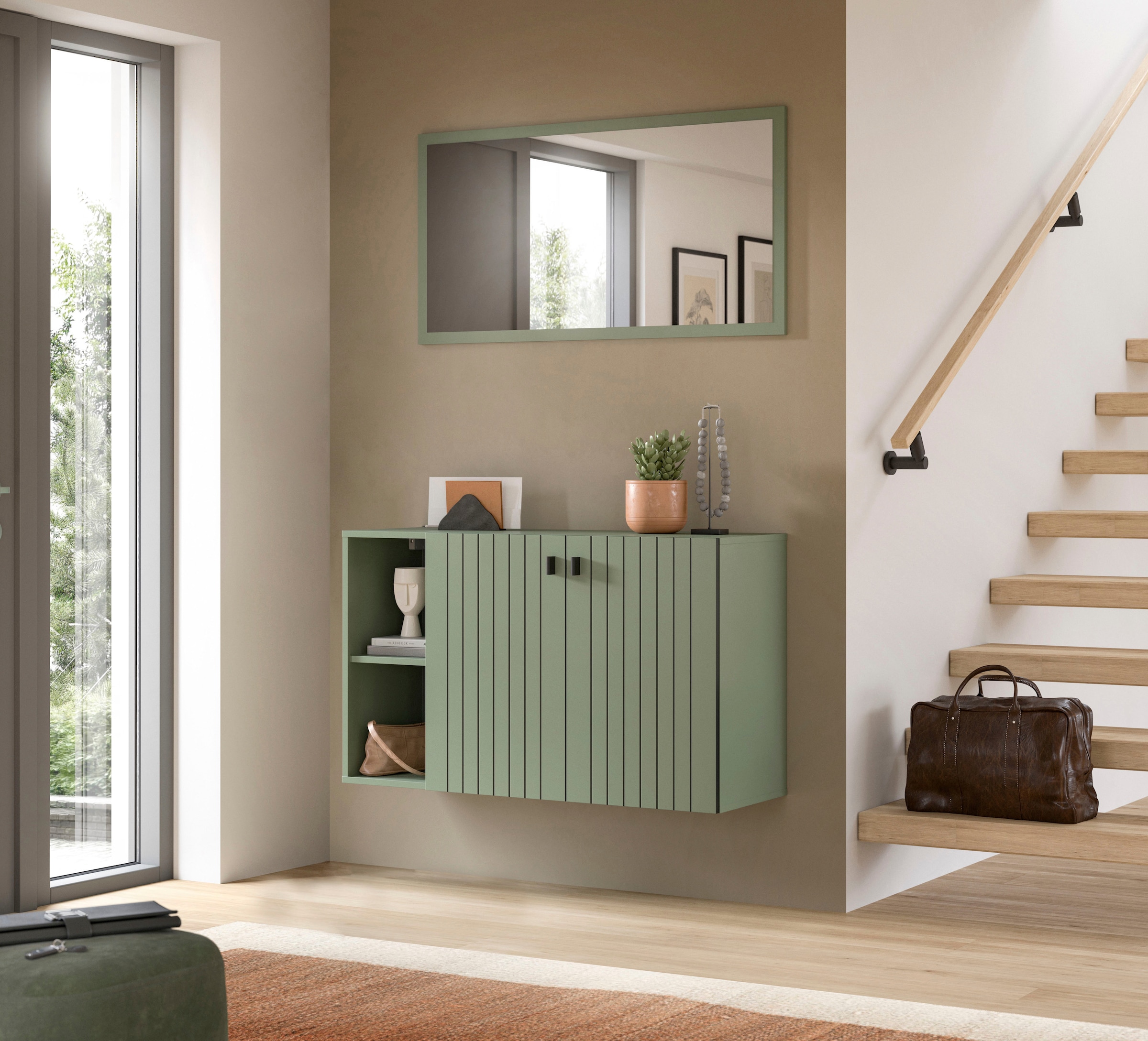 Home affaire Armoire à chaussures »TATIO, Breite 106 cm, hängend, Rillenopik, offene Fächer« 1 cuis tlg. Schuhschrank, Schuhkommode, Flurkommode, Kommode, Hängeschrank