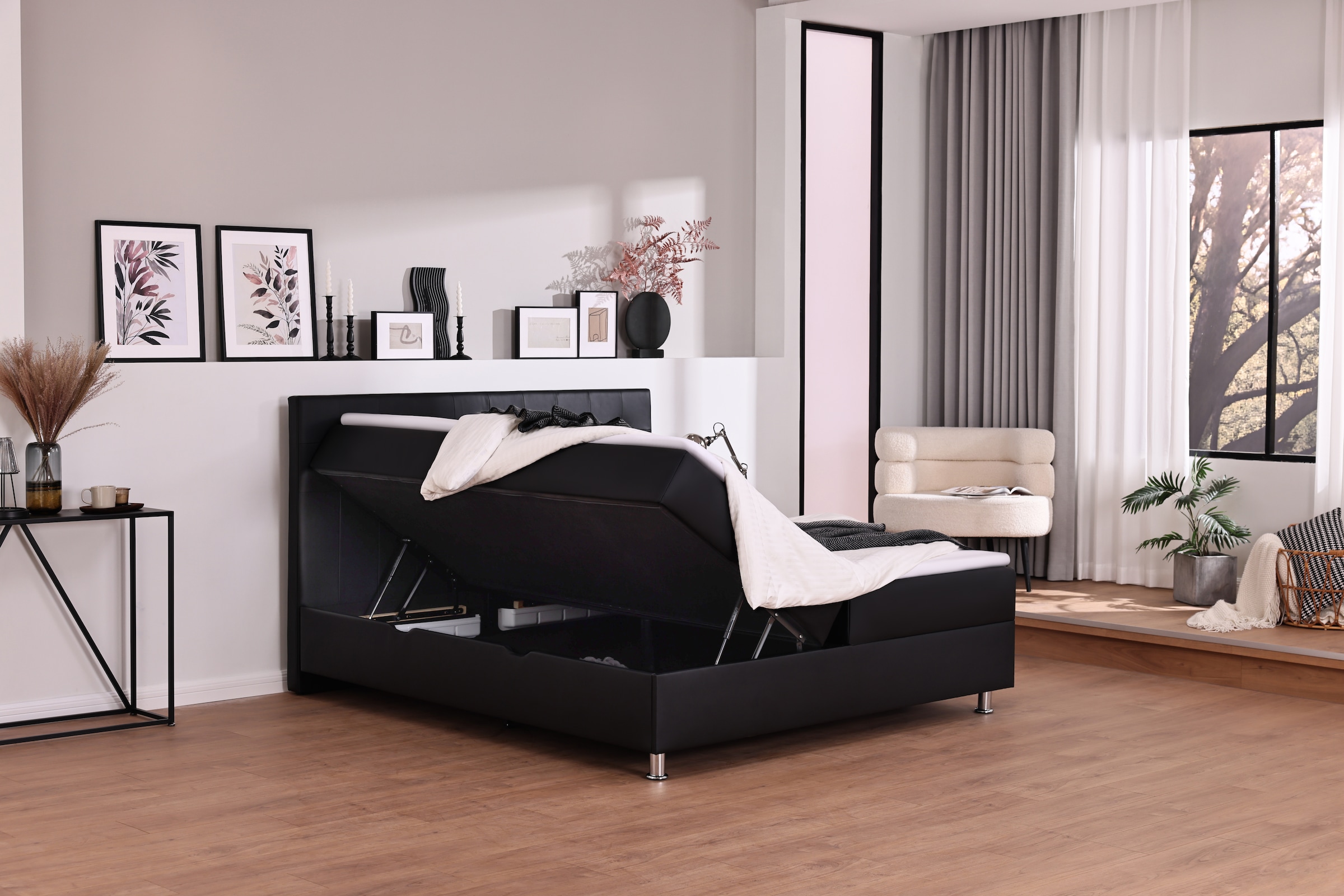 Home affaire Boxbett »Big Noux aus schwarzem Kunstleder mit Kristallsteinen im Kopfteil« inkl. Bettkasten, erhältlich in der Grösse 180x200cm