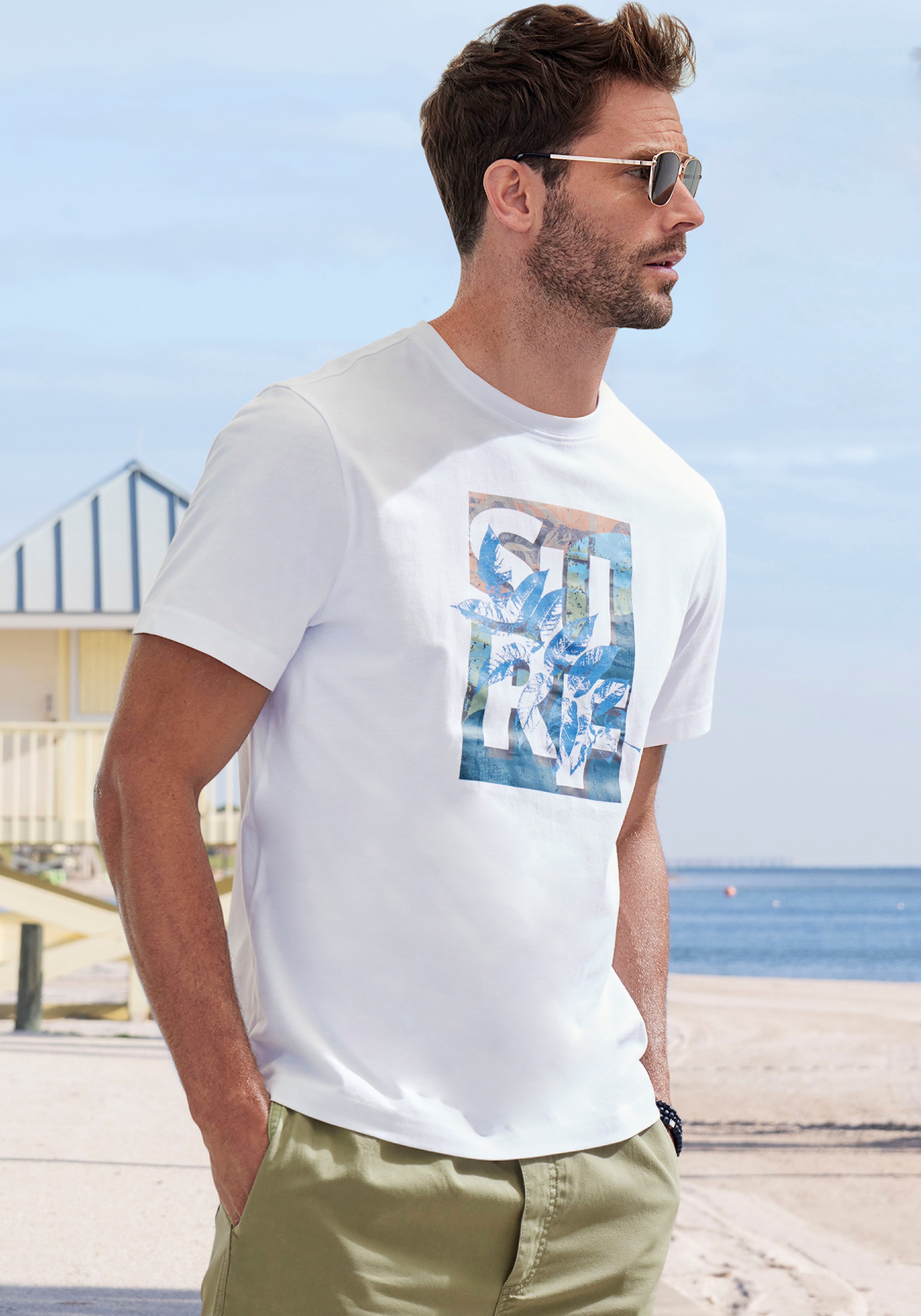 T-Shirt, Rundhalsshirt mit Surf -Aufdruck aus reiner Baumwolle