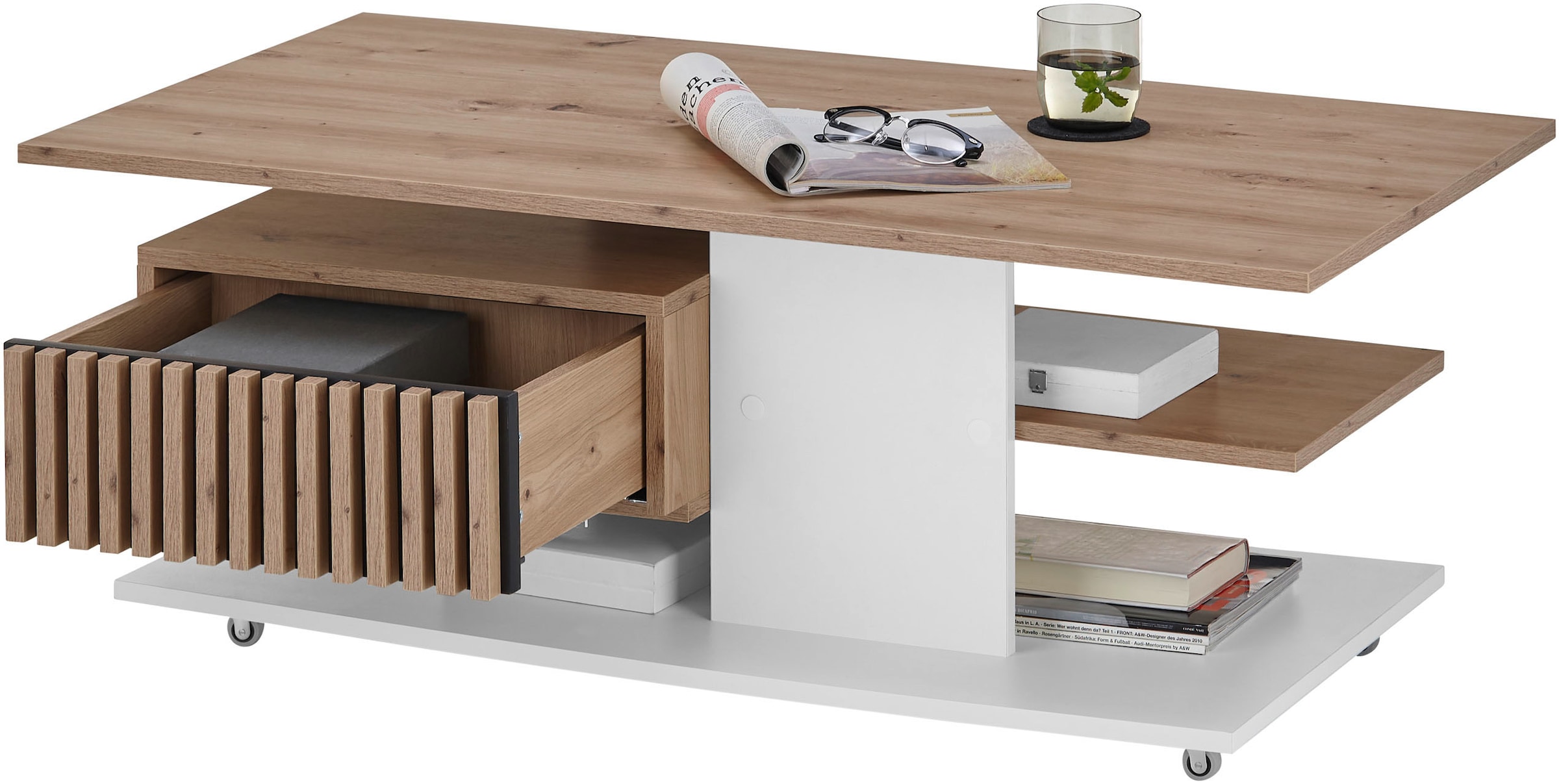 Stolkom Couchtisch »Ally Wohnzimmertisch rollbar Weiss, Artisan Dekor, BxHxT 110x44,5x60 cm«, Schubladenfront mit Lamellen-Optik, Couchtisch rollbar