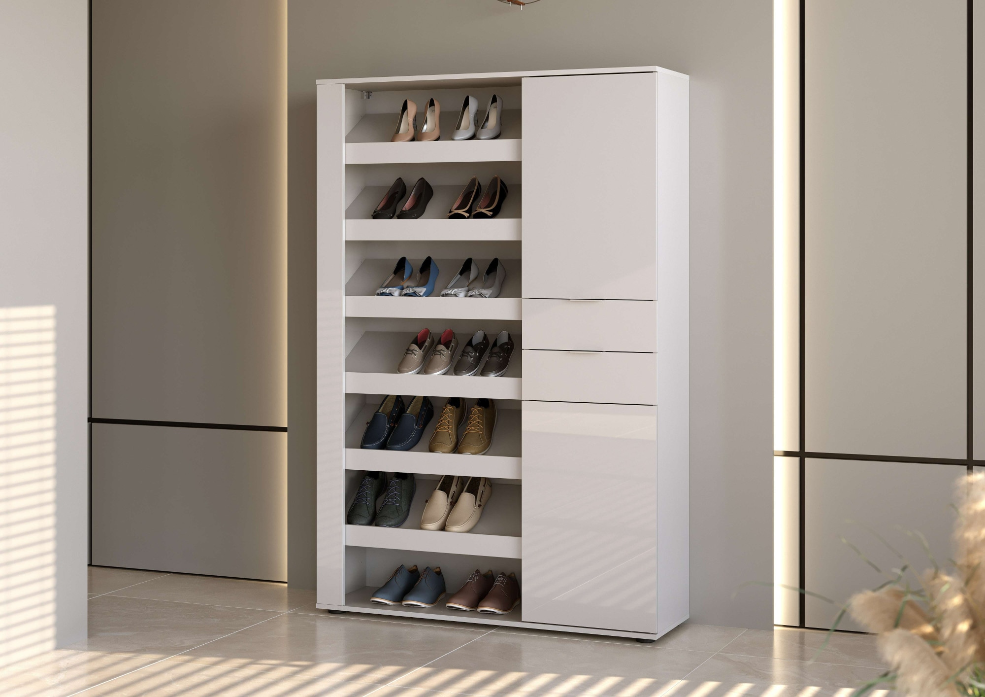 Image of Home affaire Schuhschrank "BOOST, Schuhschrank,Schuhregal, Breite 120 cm, LED optional bestellbar" 1 Stk. tlg. Hochglanz lackiert mit 7 offenen Fächern, 2 Türen und 2 Schubkästen