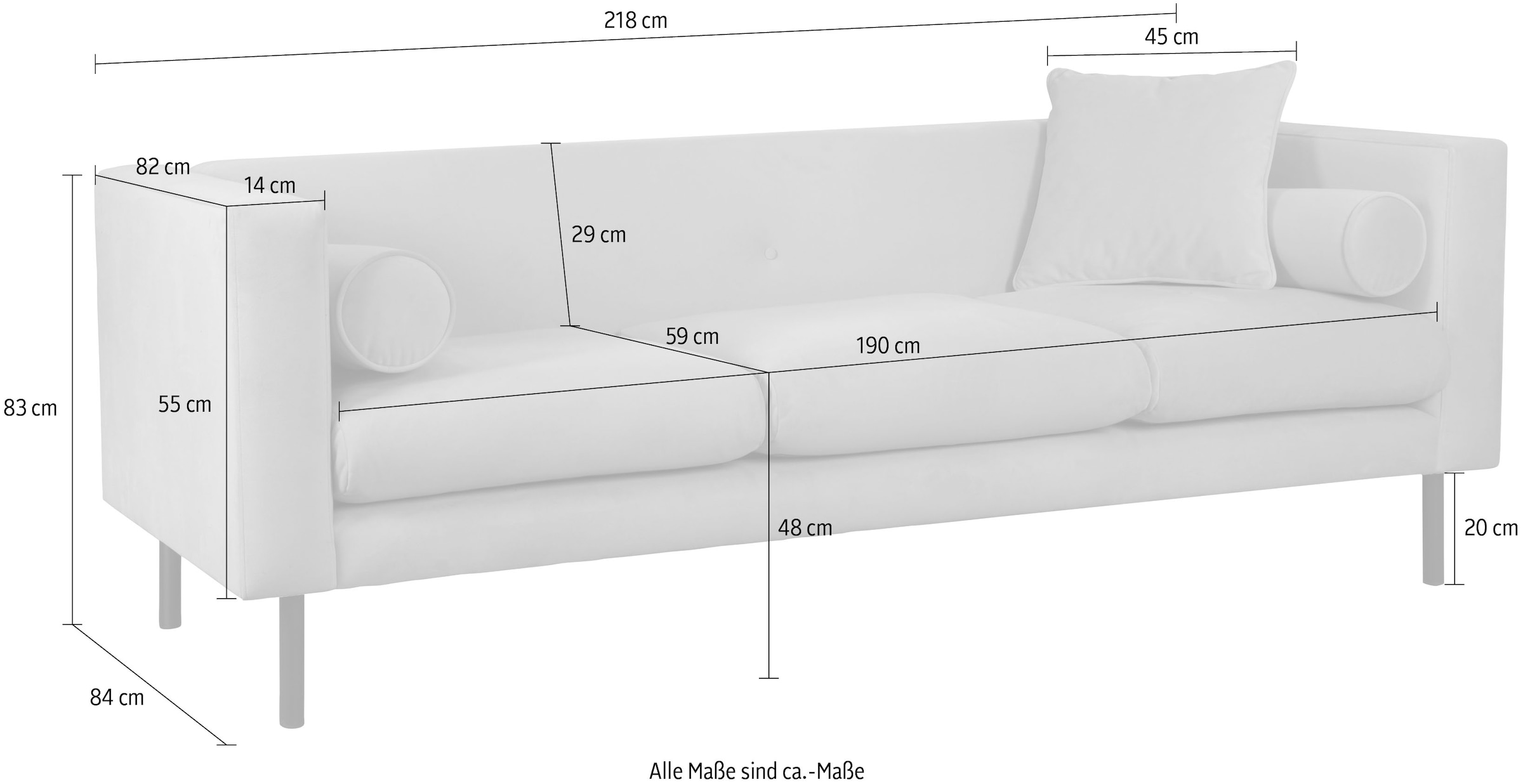 Guido Maria Kretschmer Home&Living 3-Sitzer »Lillibeth Designsofa mit Wellenunterfederung, Masse B/T/H: 218/74/83 cm«, Zierkissen als Wendekissen, Bezug Samtoptik oder Cord
