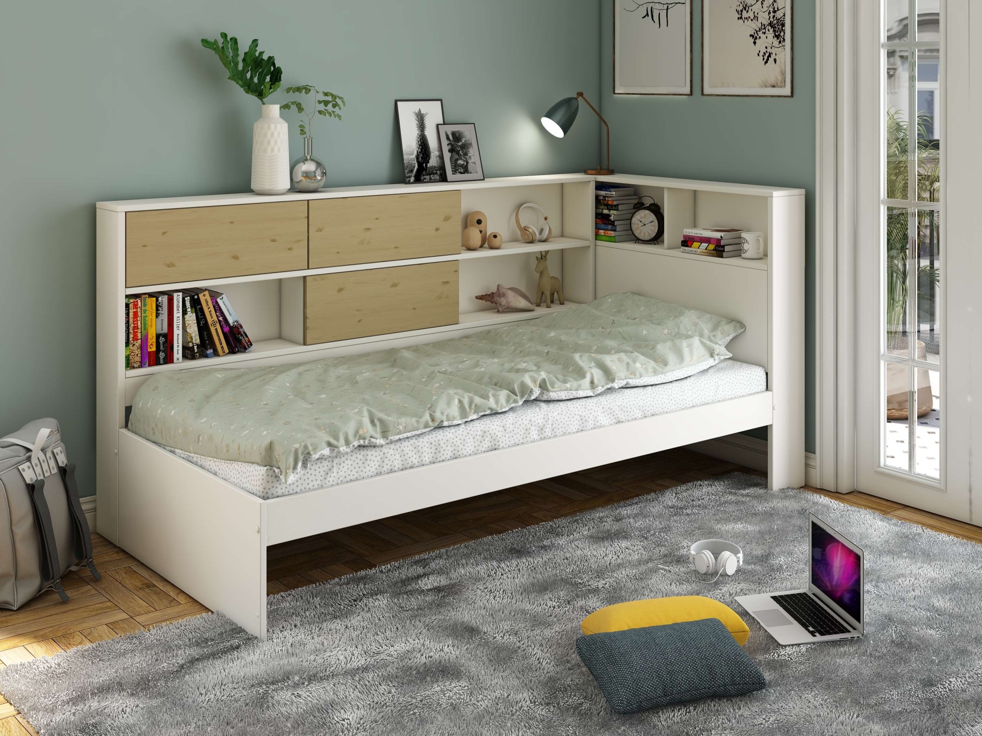 Home affaire Stauraumbett »Amance, Massivholz mit MDF, viel Stauraum, ideal für kleine Räume«, (Aussenmasse B/T/H: 110,2/220,1/106,9 cm), FSC® zertifiziert, inklusive Lattenrost, Made in EU