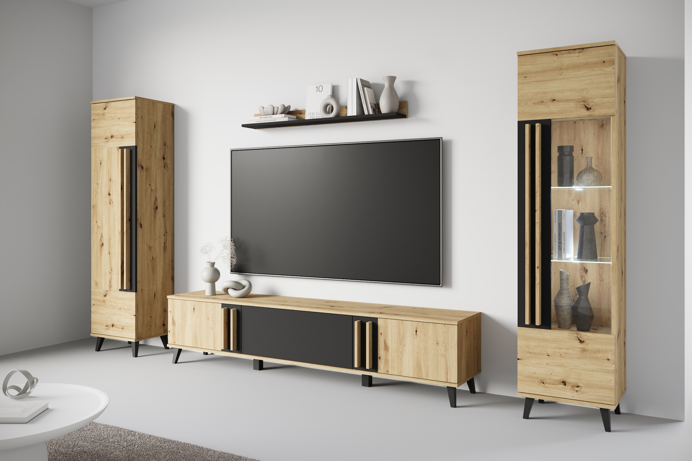Home affaire Wohnwand »Helsinki, Modernes Set mit verglaster Vitrine« Komplett-Set, 4 Stk. tlg.