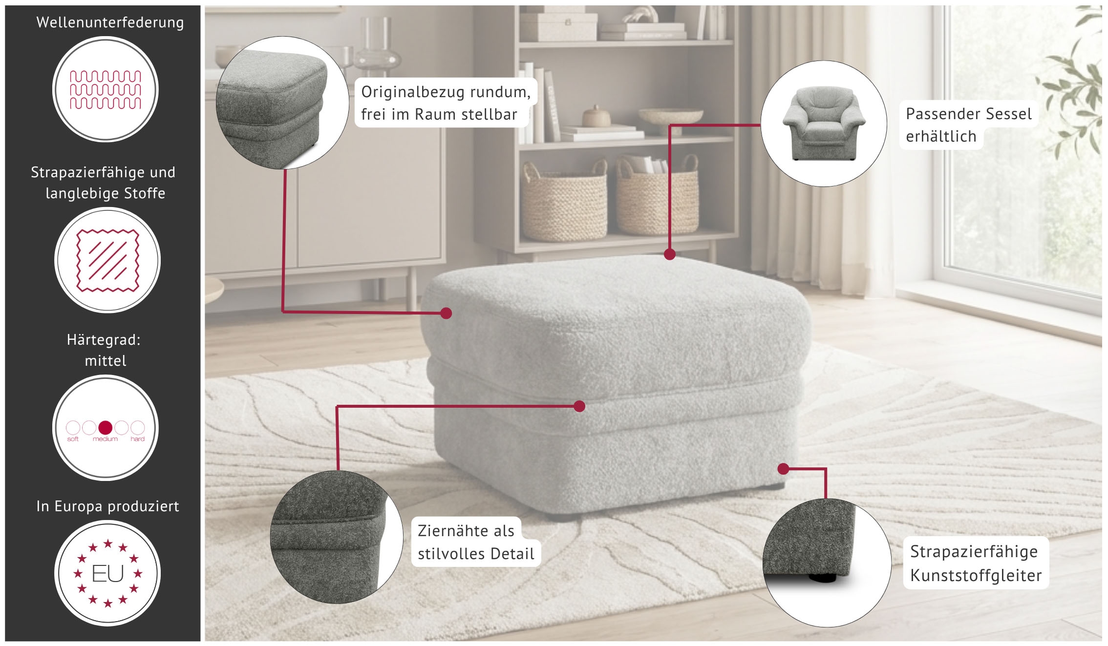 GOODproduct Hocker »Nyborrg 60 cm, formschönes Design für ein modernes Zuhause« Polsterhocker passend zum Sofa, Breite 60 cm, individuell kombinieren