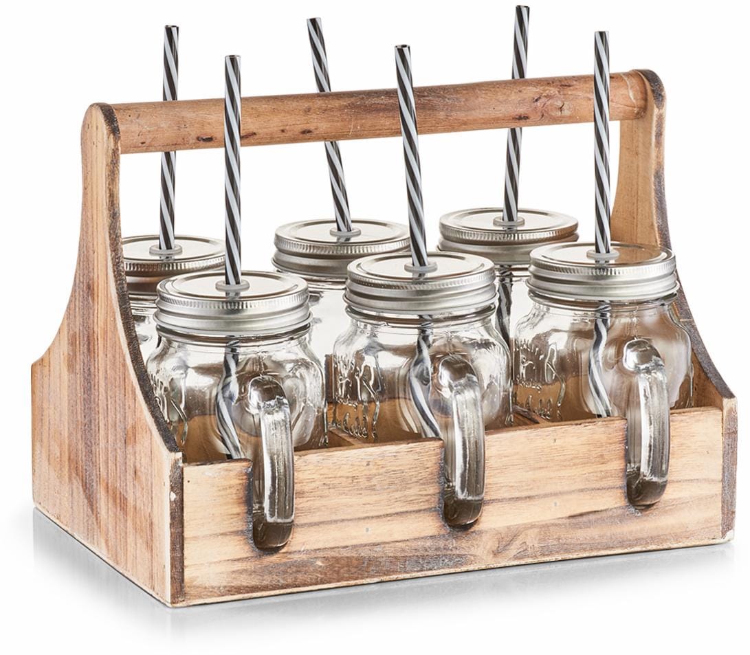 Image of Zeller Present Glas je 6 Gläser, Deckel und Strohhalme, in praktischer Holzkiste