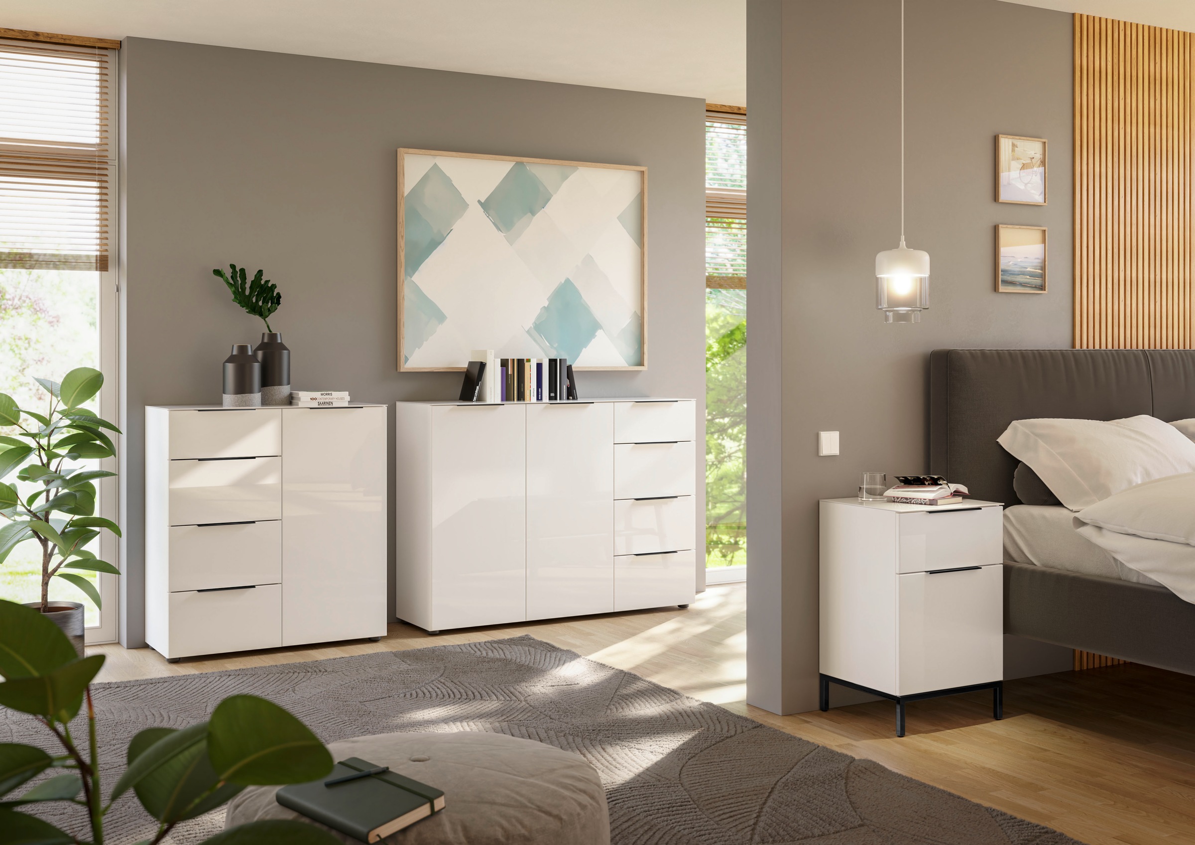 Manjana Möbel Nachtkommode »mit Chrom oder Schwarz matten Metallgriffen« mit Glasfronten, melaminbeschichtete Oberfläche, mit Vollauszug