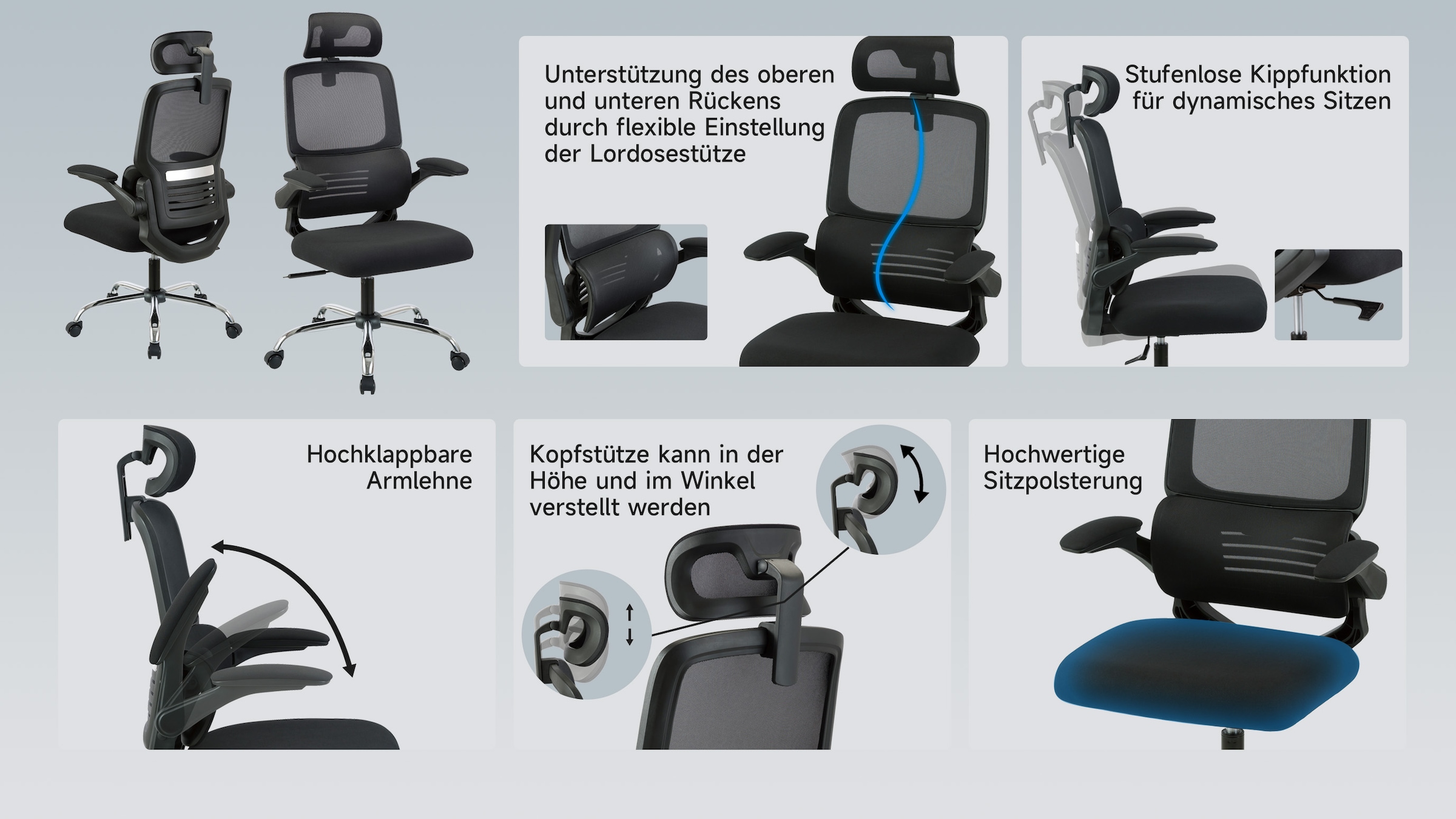 PLACES OF STYLE Chaise de bureau »FABION« () mit Lordoseunterstützung, verstellbare Kopfstütze, klappbare Armlehnen