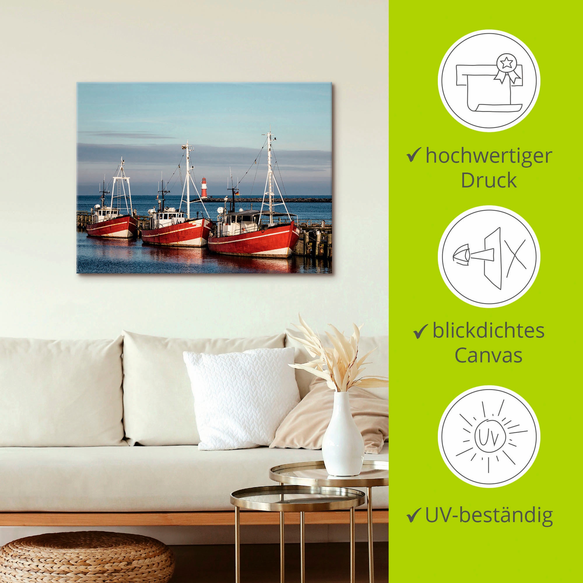Artland Leinwandbild »Fischerboote und Mole in Warnemünde« Boote & Schiffe 1 Stk. tlg. auf Keilrahmen gespannt
