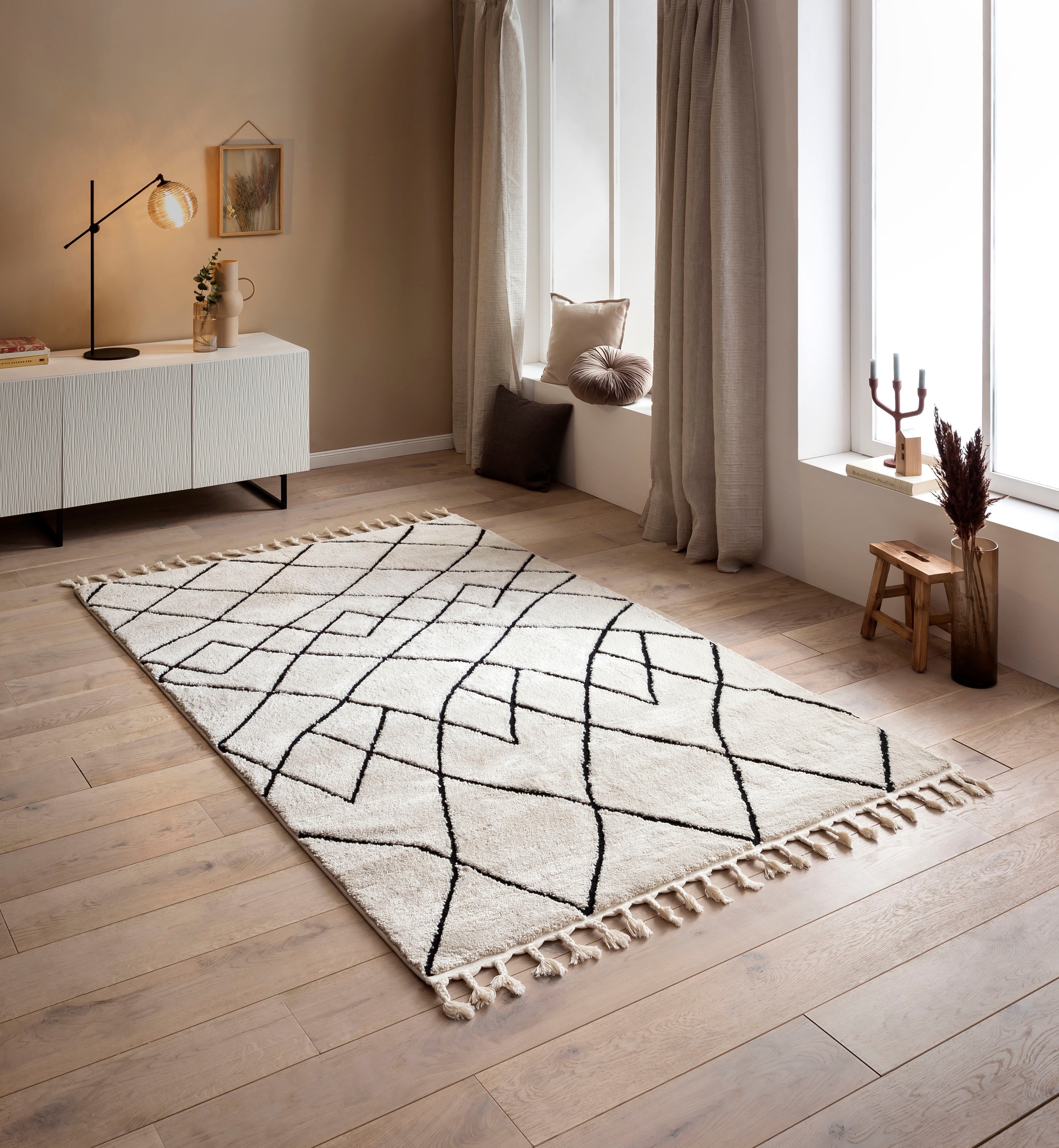 done.® Teppich »LAKE«, rechteckig, 10 mm Höhe, modernes Scandi Design, Hoch-Tief Effekt, mit Fransen