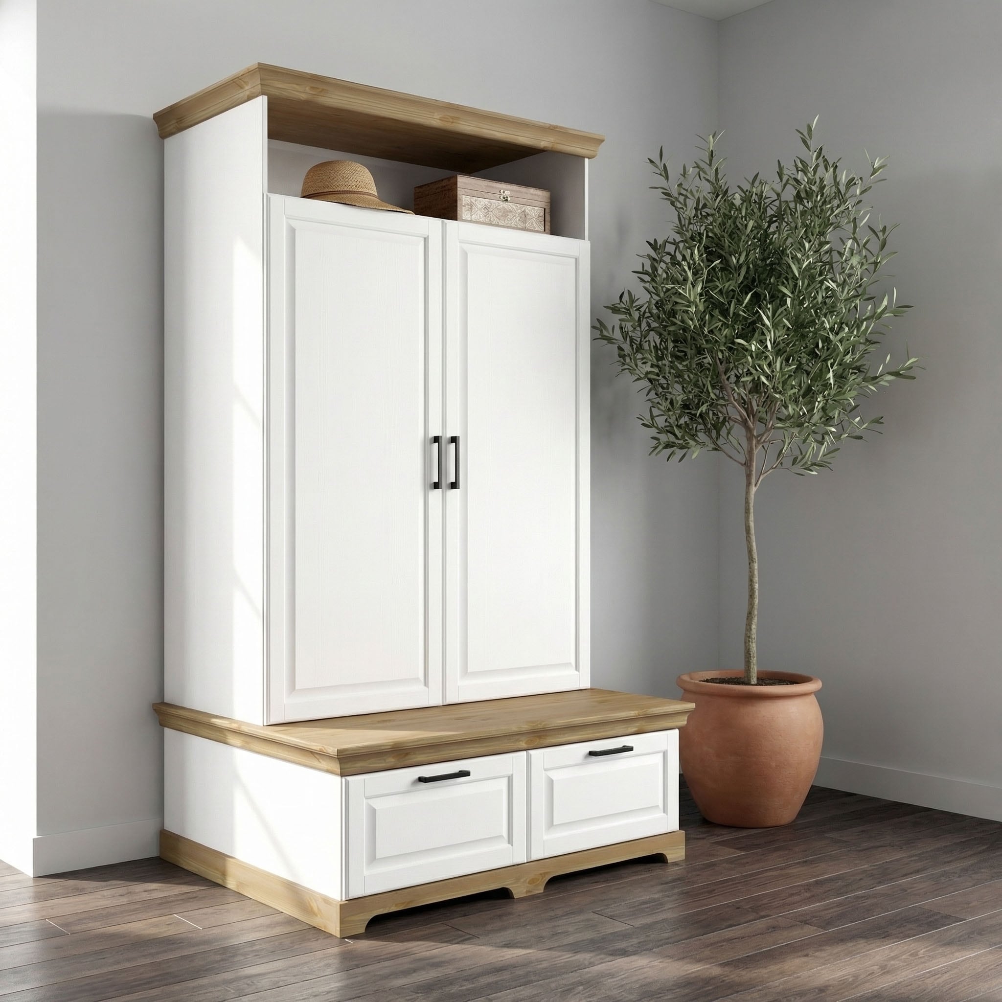 GOODproduct Wäscheschrank »Rügen XXL– Landhaus-Charme mit maximalem Stauraum, zeitlos schön« B/H/T ca. 127/216/70 cm,  Integrierte Sitzbank + Schubladen: Stauraum für Schlafzimmer+Diele