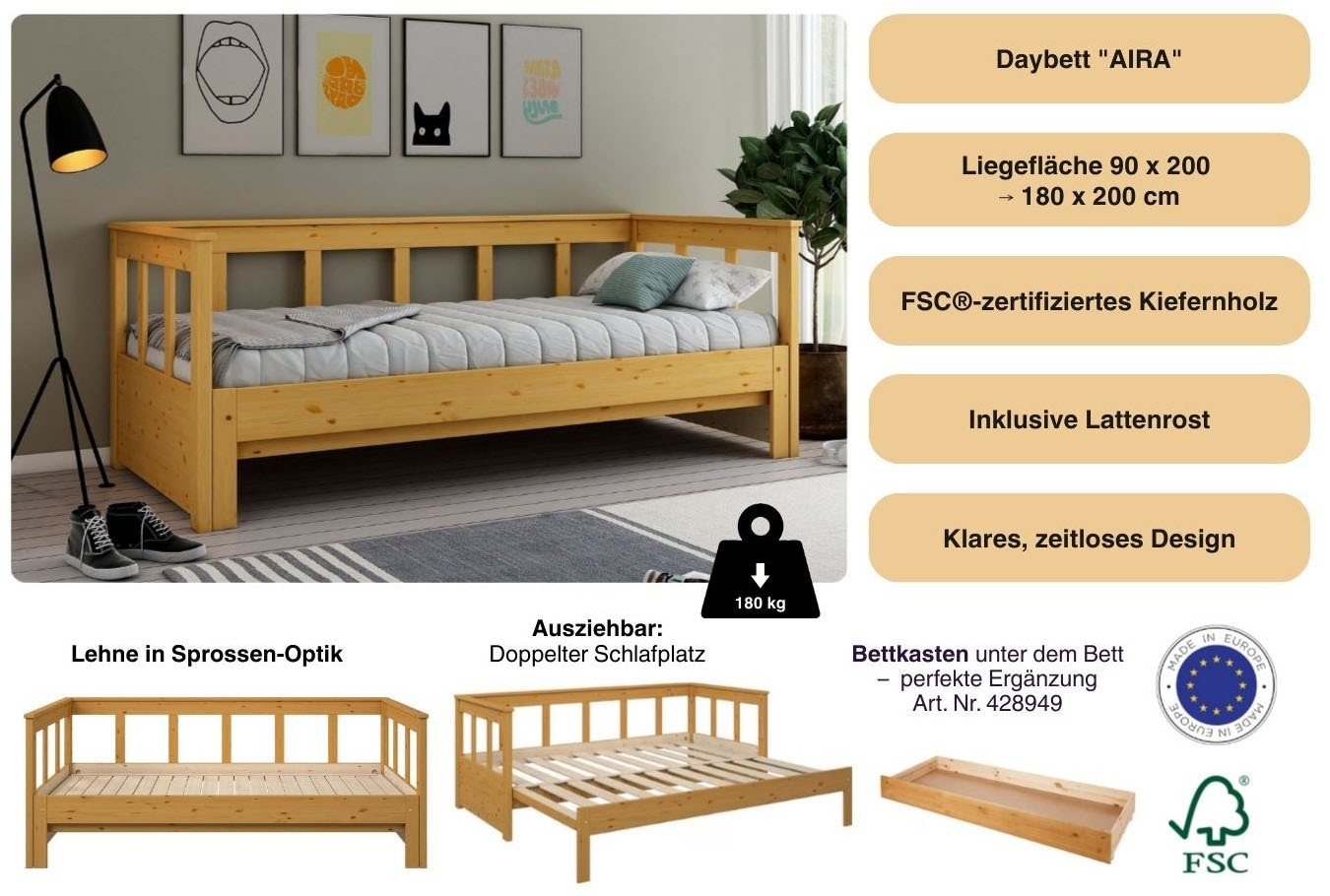 GOODproduct Lit de jour »"AIRA" Kinderbett, Gästebett, Skandi- Design, Schublade optional« FSC® zertifiziertes Massivholz,  mit ausziehbarer Liegefläche, ideal fürs Jugend- oder Gästezimmer