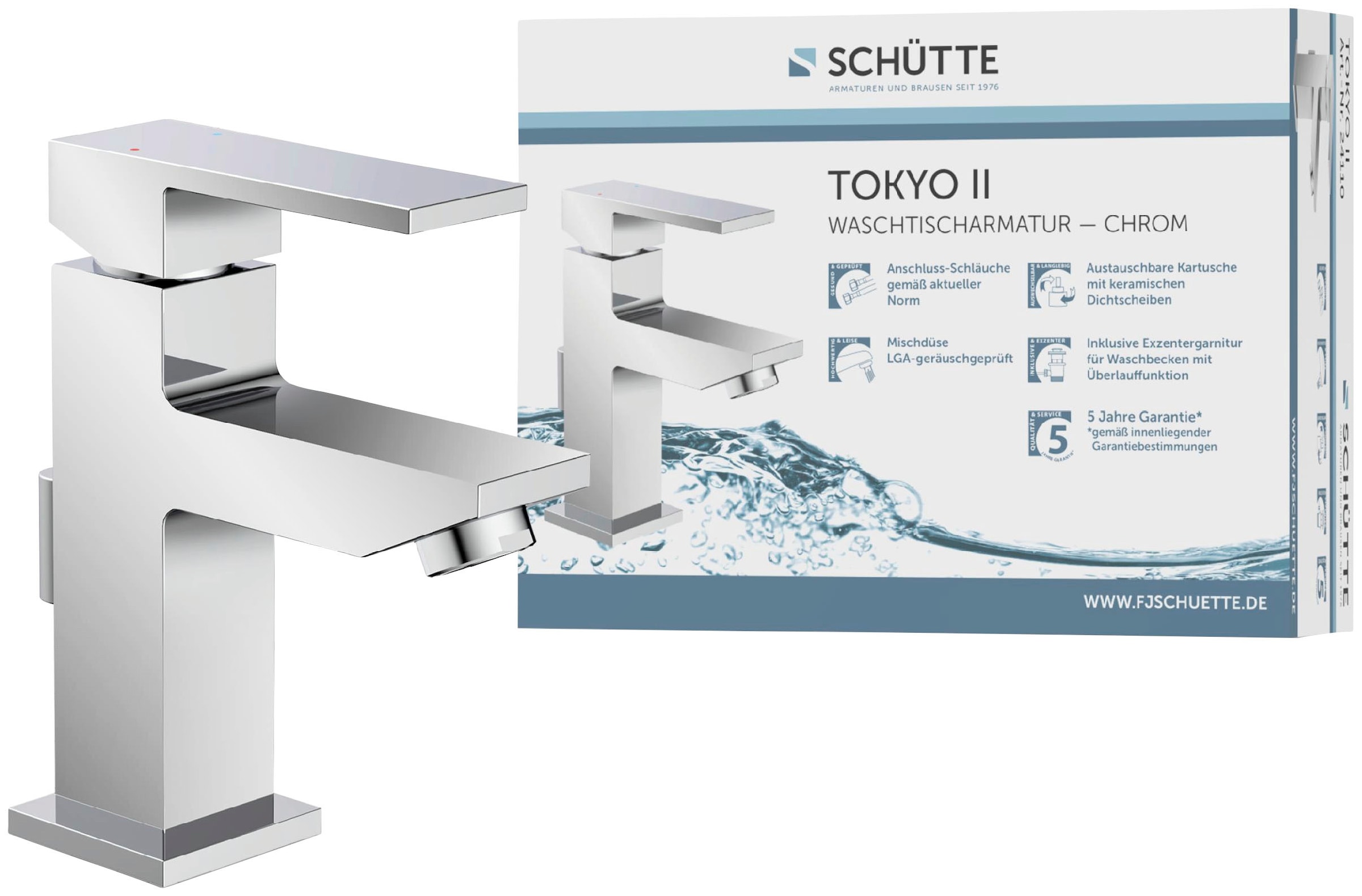 Image of Schütte Waschtischarmatur "TOKYO II" 1 Stk. tlg. geräuscharme Kartusche, Marken-Mischdüse, inkl. Zugstange