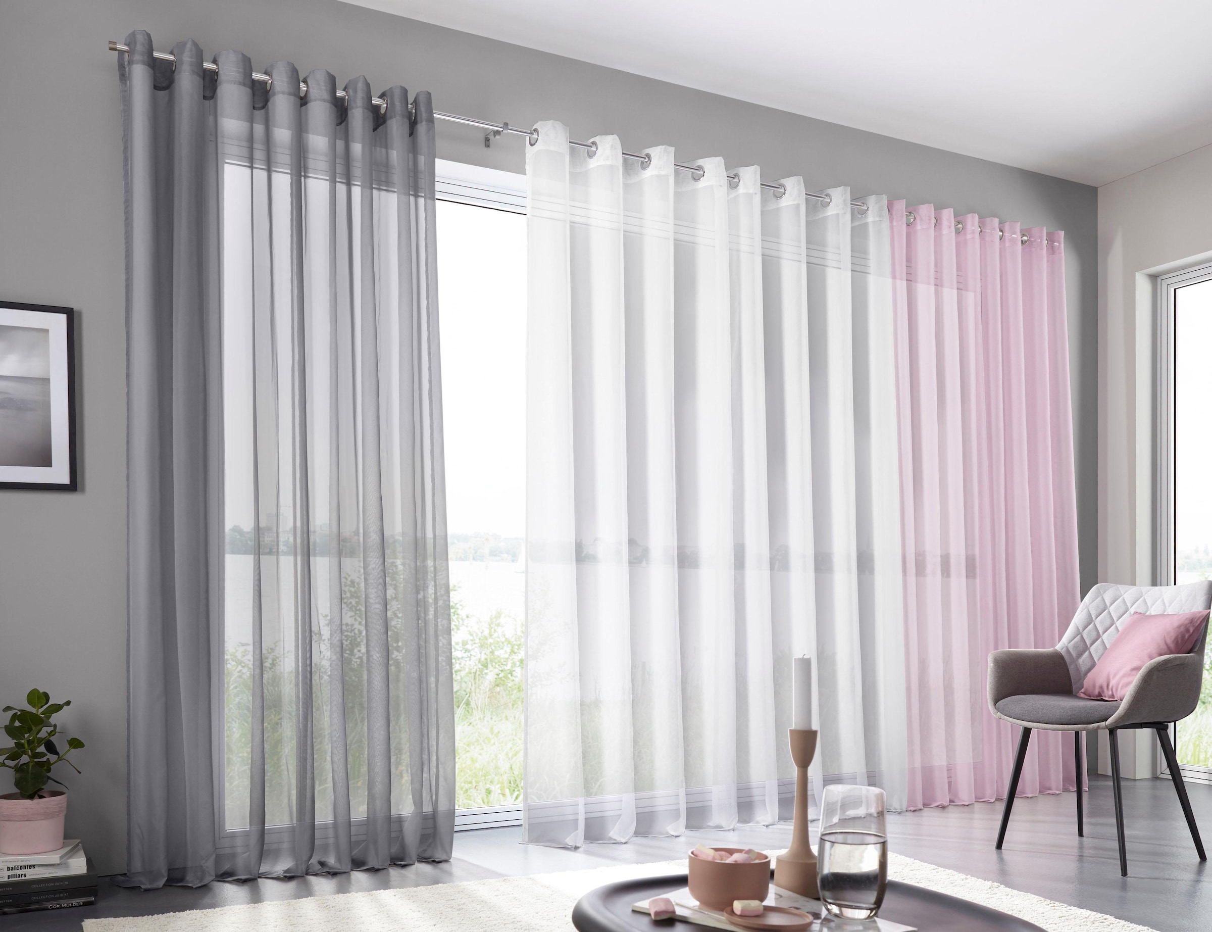 my home Gardine »XANA mit Ösen, Kräuselband oder Schlaufen«, (2 St.), Bestseller, einfarbig, 1 bzw. 2 Schals, pflegeleicht, Schal