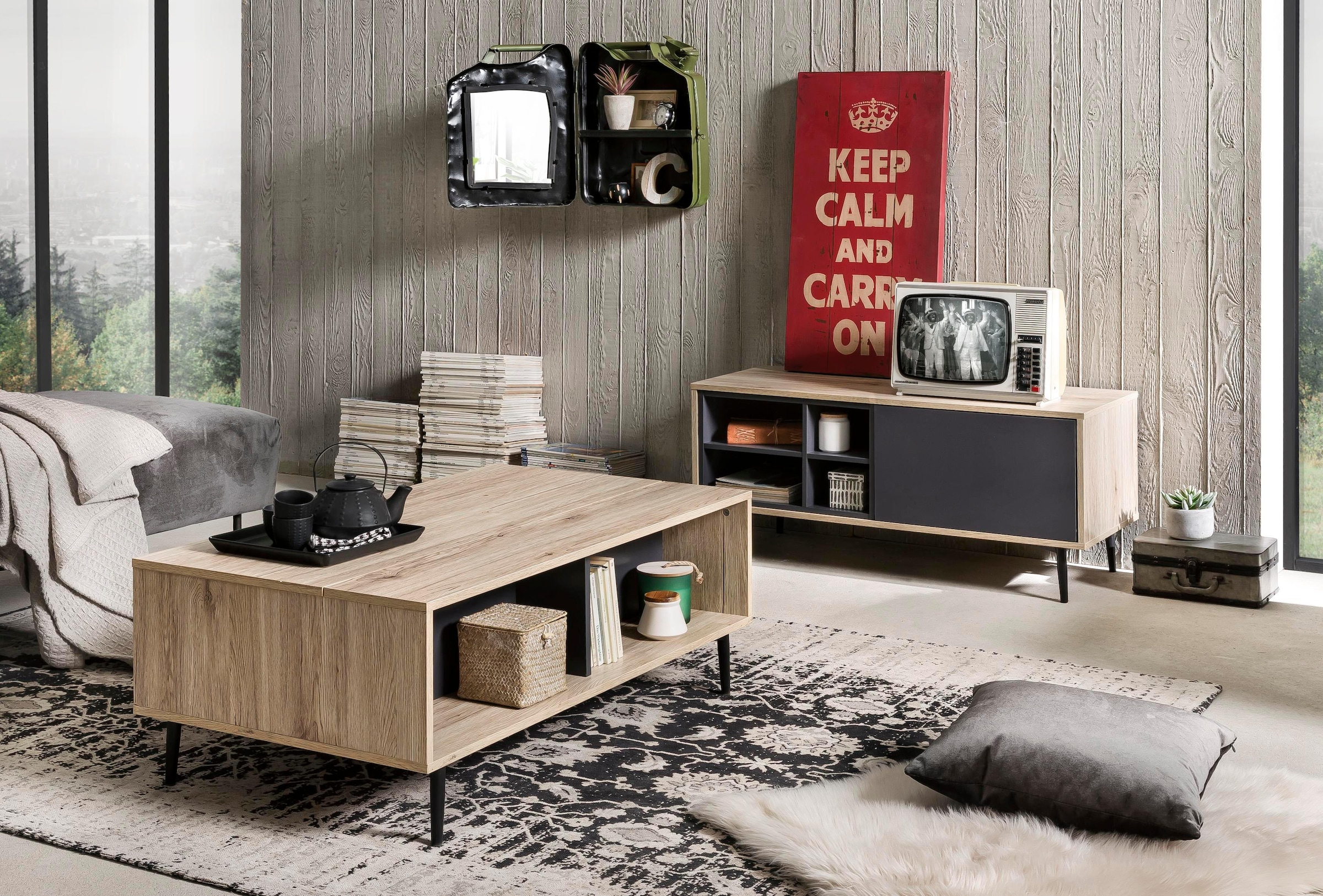 SIT Couchtisch »Mértola im Scandi-Stil mit 2 offenen Fächern und Ausziehplatte« Höhenverstellbare Deckplatte mit ausziehbarer Ablagefläche