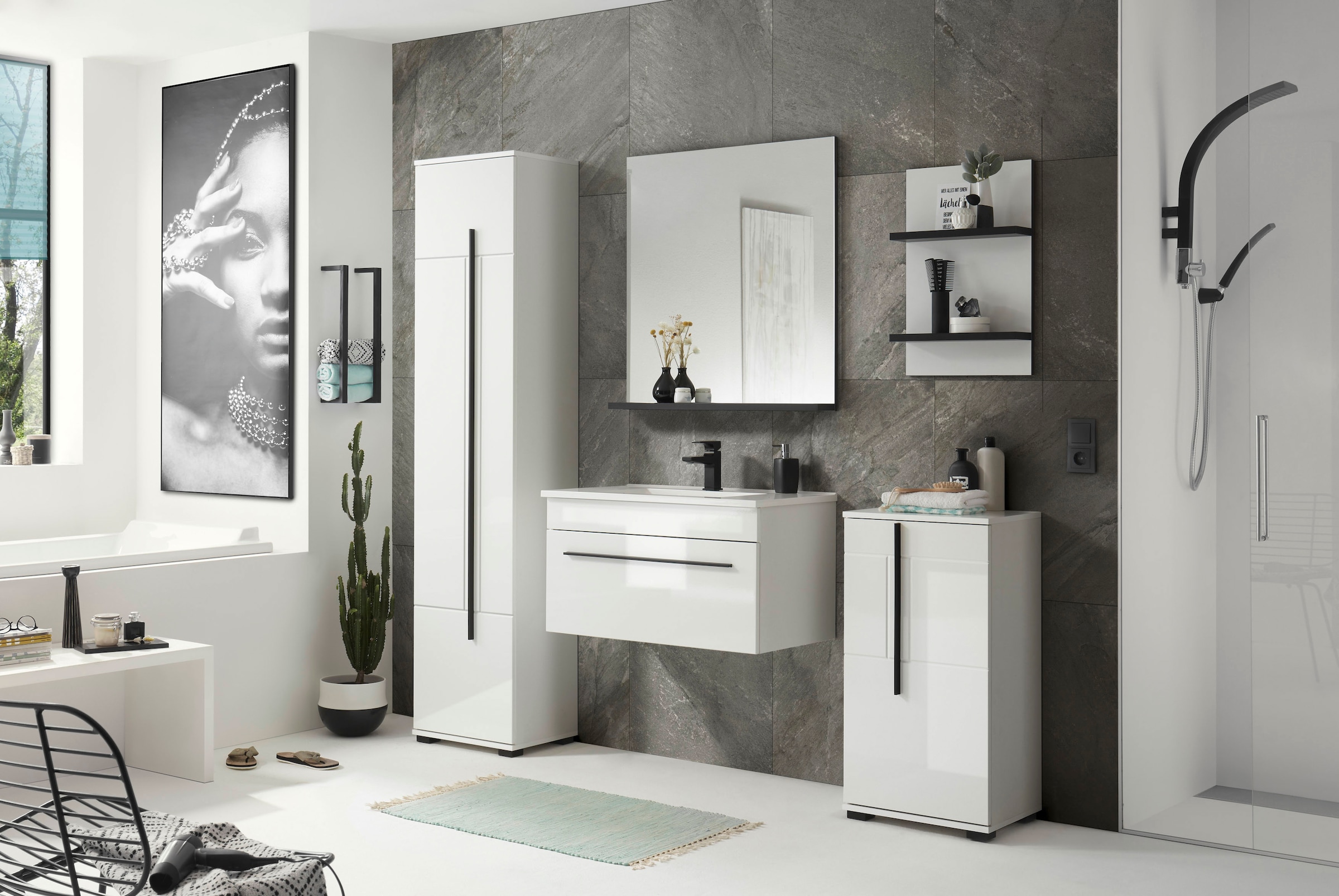 INOSIGN Badmöbel-Set »Cantara, Bad im modernen Design, 5-teiliges Badezimmer«, (Set, 5 St.), Waschtisch, Schränke, Hängeregal und Spiegel, in Weiss Hochglanz