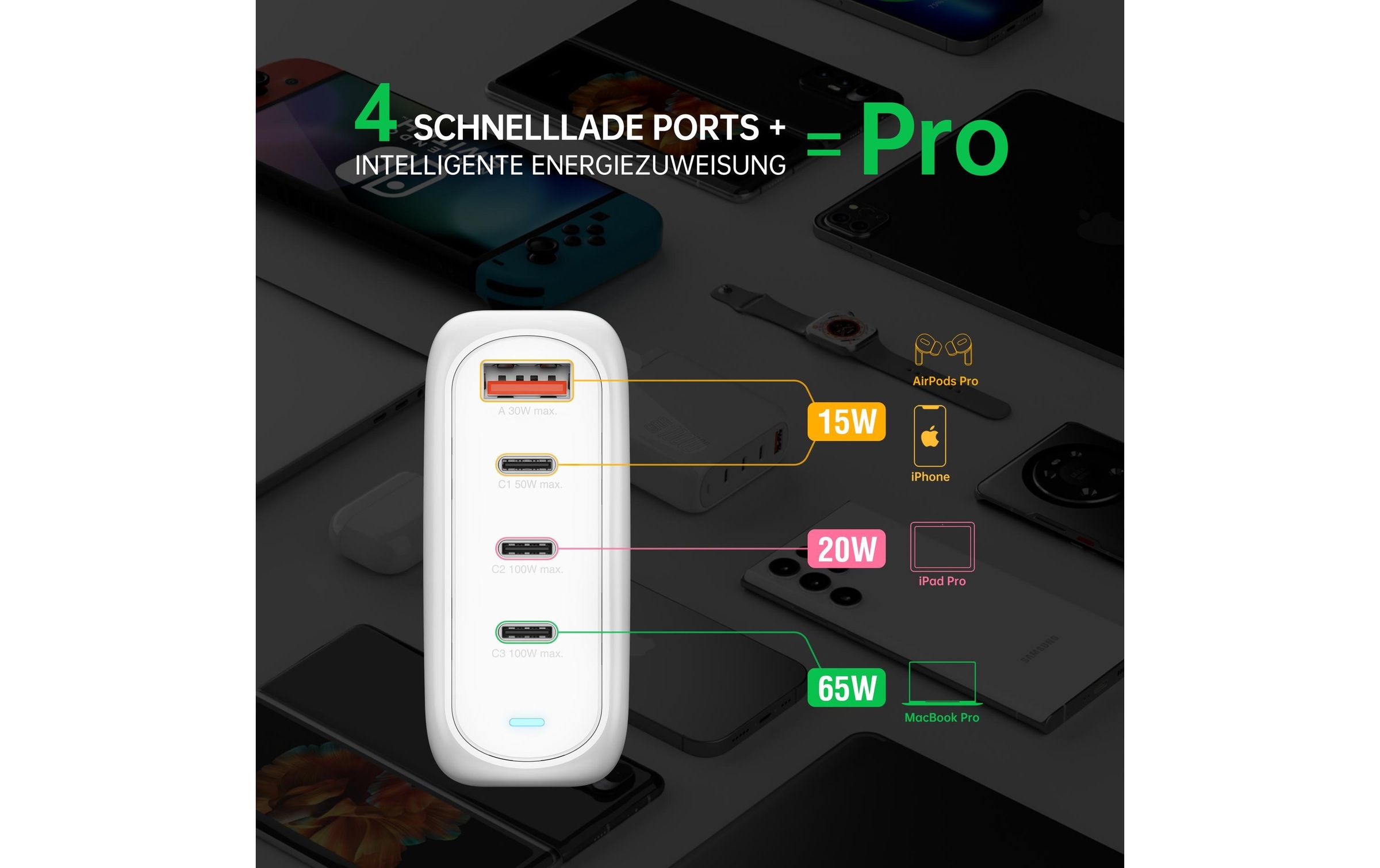 4smarts Ladestation »GaN Flex Pro 100W 3 USB-C+1 USB-A Travel Edition«