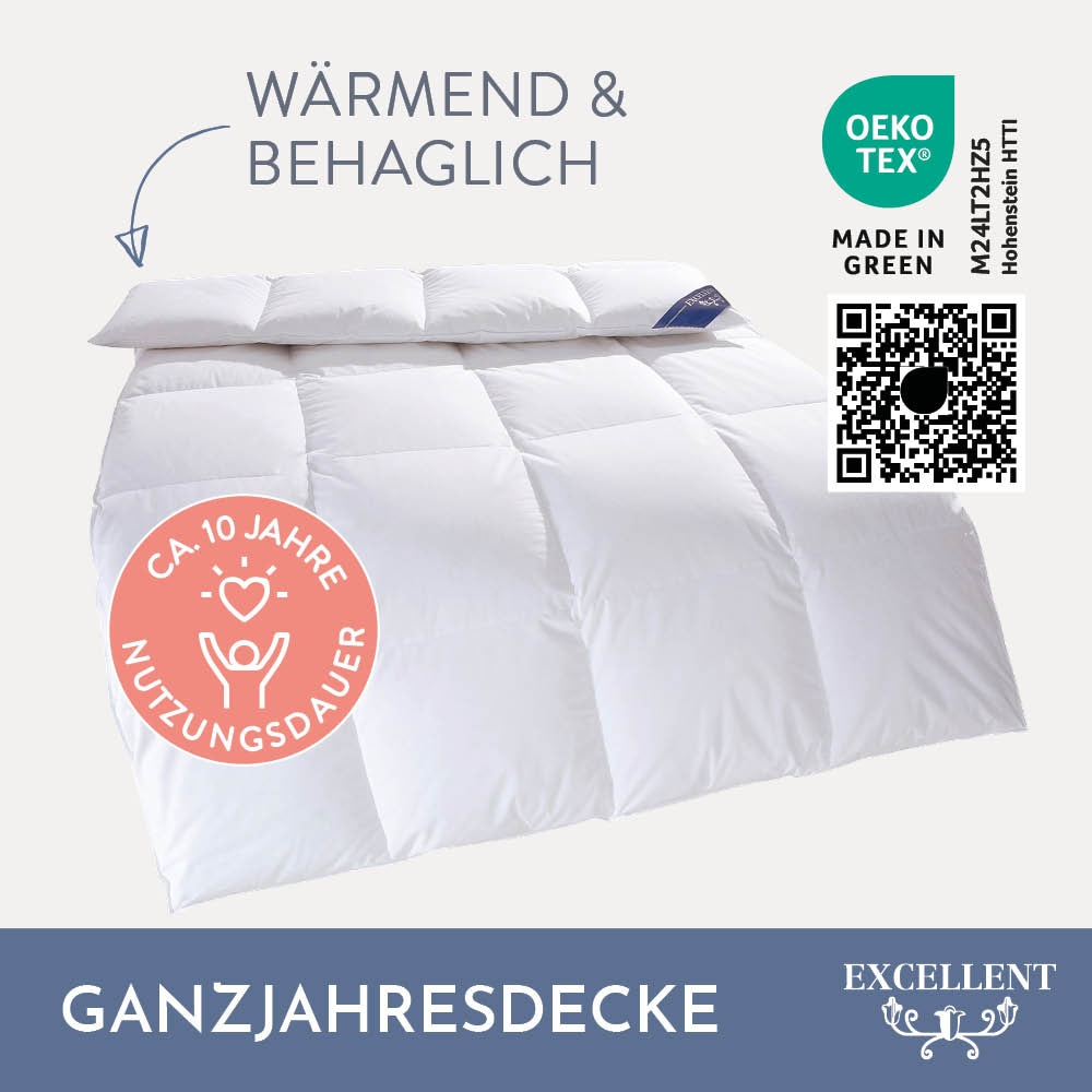 Excellent Daunenbettdecke »Zürich, Bettdecken für Sommer und Winter, Decke«, warm, Füllung 100% Daunen, Bezug 100% Baumwolle, (1 St.), Bettdecke 135x200 cm, 155x220cm und weitere Grössen, Made in Germany
