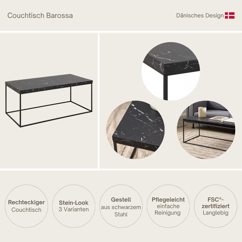 ACTONA GROUP Table basse »Barossa, Wohnzimmertisch, Sofatisch, Steinoptik, rechteckig« style scandinave moderne, structure en acier noir, plusieurs variantes