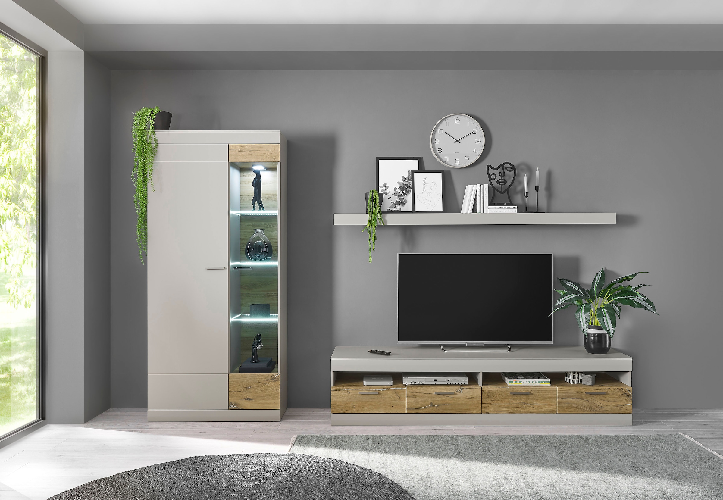 INOSIGN Wohnwand »SCARA«, (3 St.), trendige Farbe mit Applikation Zinneiche Dekor, mit Softclose-Funktion