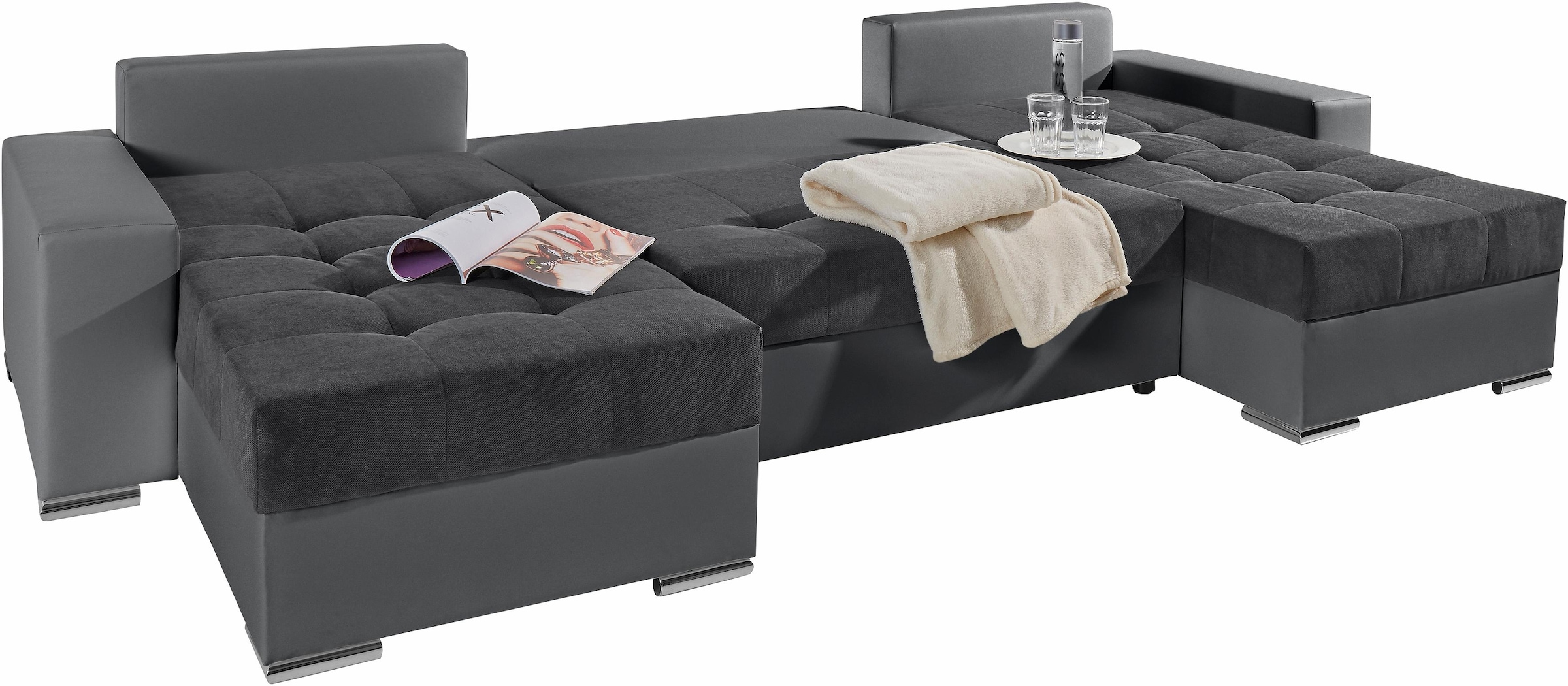 COLLECTION AB Wohnlandschaft »XL-Josy U-Form, Breite 313 cm, Flachgewebe, Struktur, Kunstleder«, inkl. Bettfunktion, Bettkasten, mit 4 gleich grossen Rückenkissen