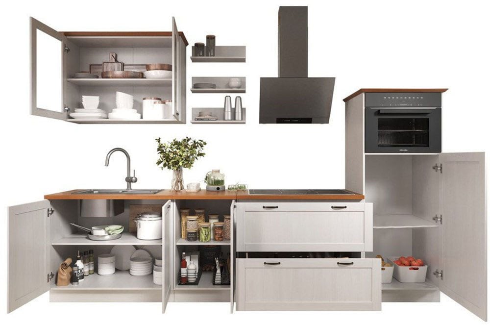 Home affaire Kitchenette »Teramo« Ensemble, Kombinierbar mit anderen Möbelstücken der Serie Teramo,  Breite 315 cm, Kiefer massiv, mit Arbeitsplatte