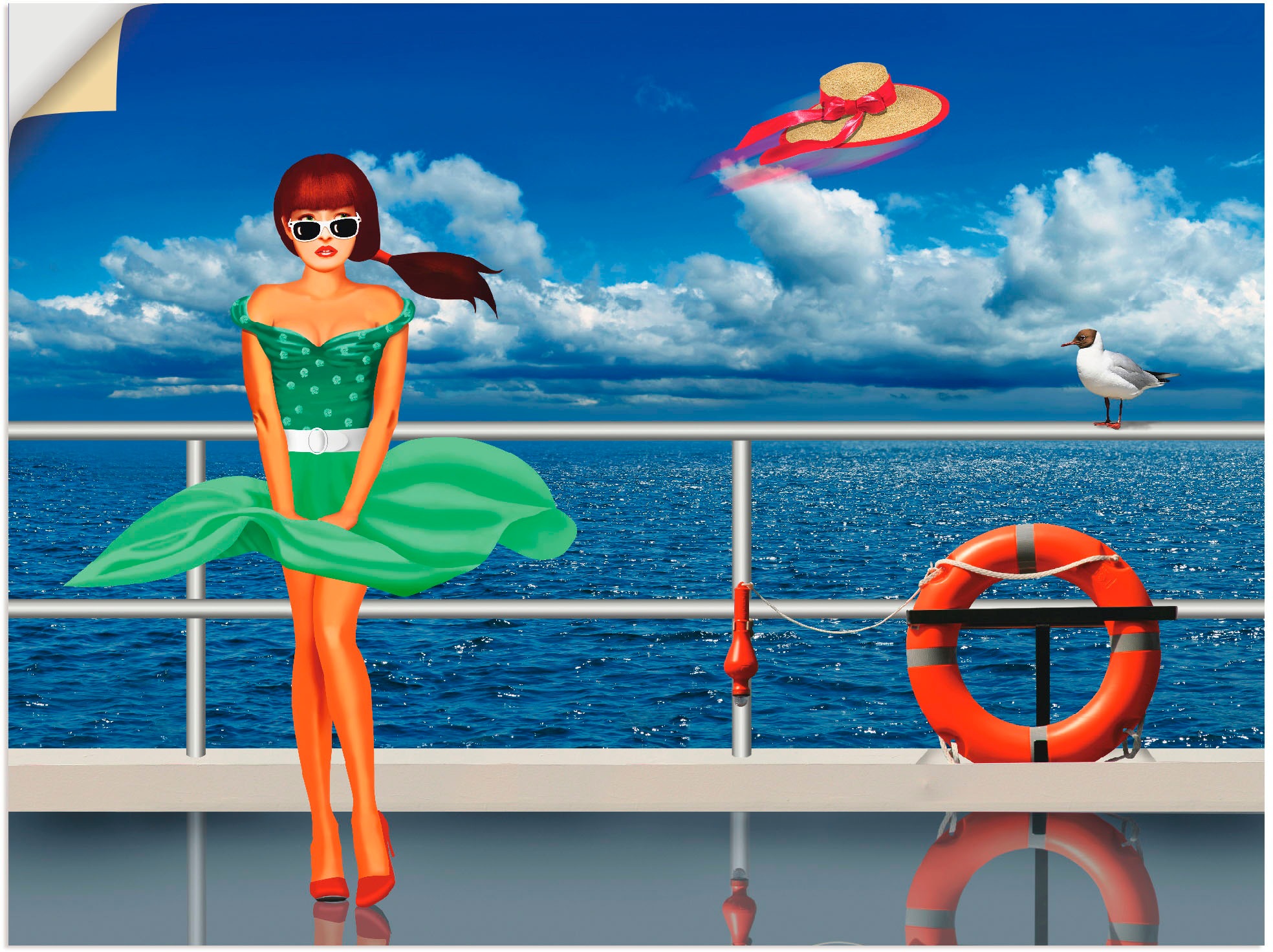 Image of Artland Wandbild »Pin-up girl an der Reling«, Frau, (1 St.), in vielen Grössen & Produktarten - Alubild / Outdoorbild für den Aussenbereich, Leinwandbild, Poster, Wandaufkleber / Wandtattoo auch für Badezimmer geeignet bei Ackermann Versand Schweiz