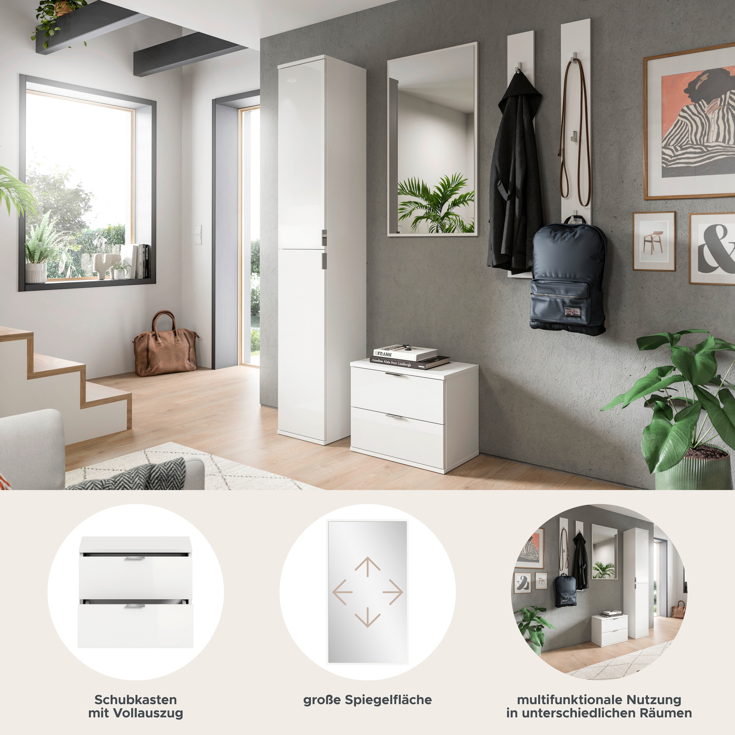 INOSIGN Garderoben-Set »Trondheim, Garderobenset 4-tlg. Breite 148 cm,«, (4 St.), hochglanz, best. aus: Spiegel, 2er Set Paneele, Schrank,Kommode, Flur